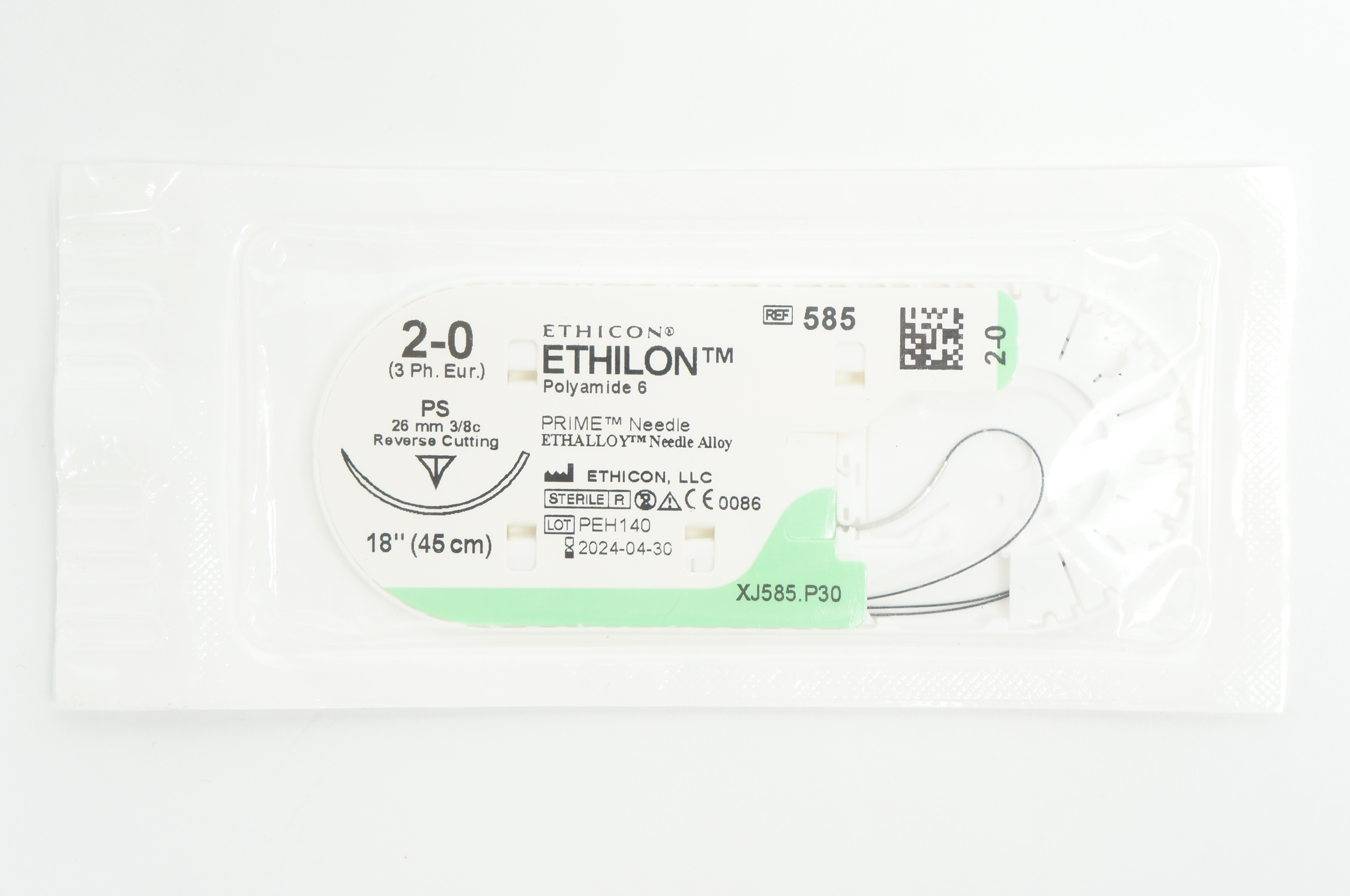 Ethicon 585 2-0 ETHILON PS, 26mm 3/8c Reverse Cutting, 18inch
