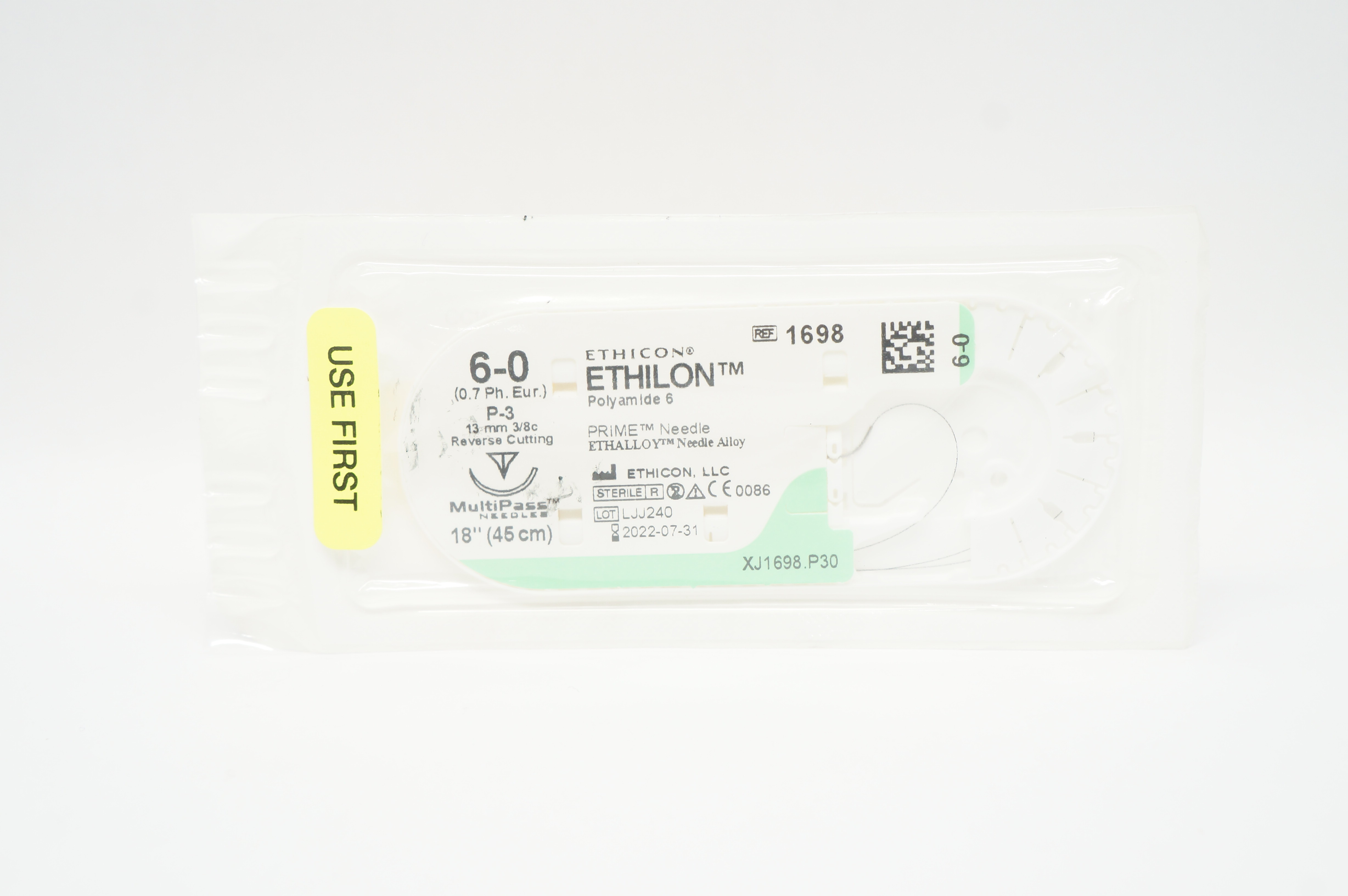 Ethicon 1698 6-0 Ethilon Polyamide 6 Stre P-3 13mm 3/8c Reverse Cutting, 18inch