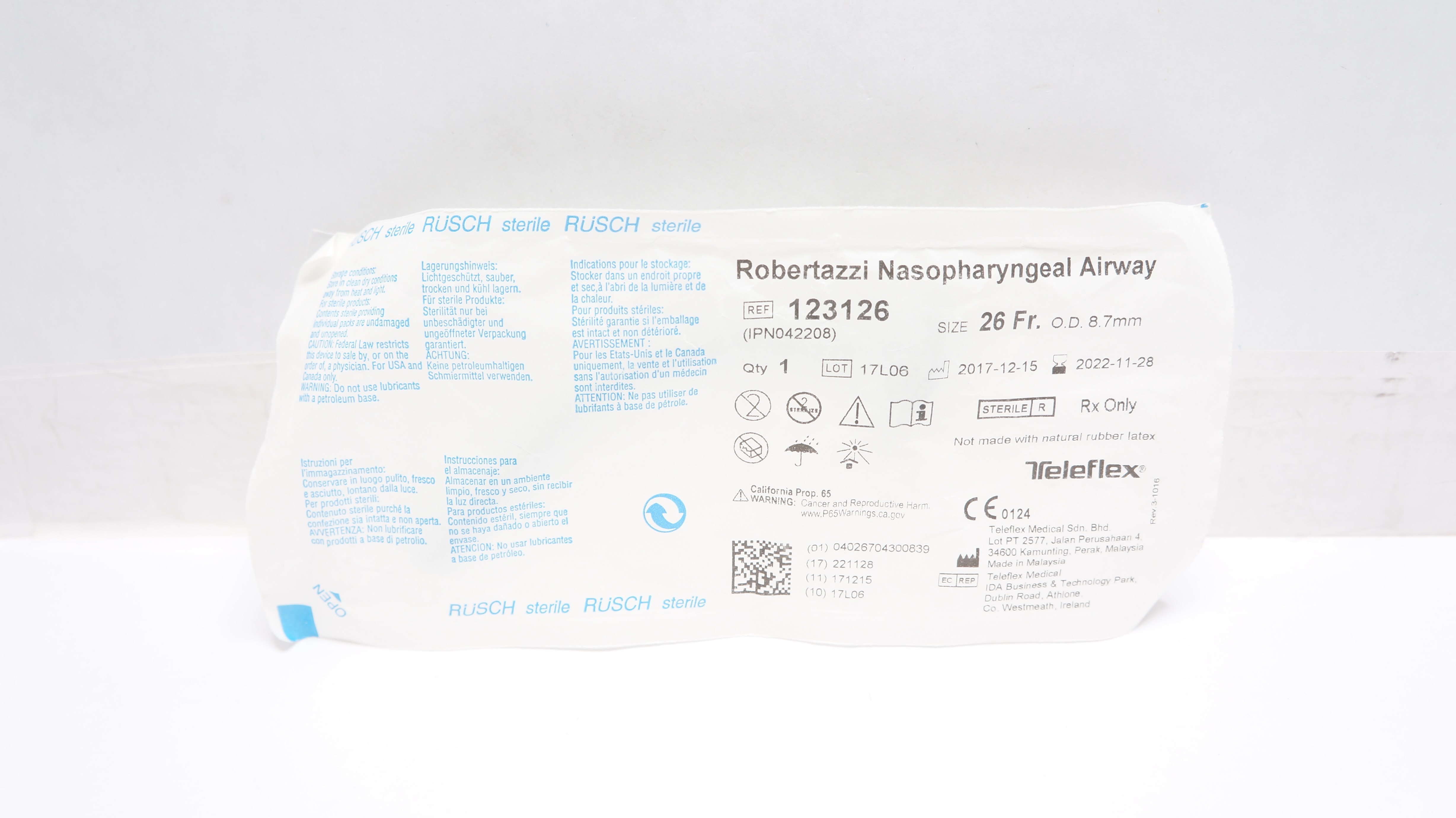 Teleflex 123126 Rusch Robertazzi Nasopharyngeal Airway 26Fr x 8.7mm O.D. (x)