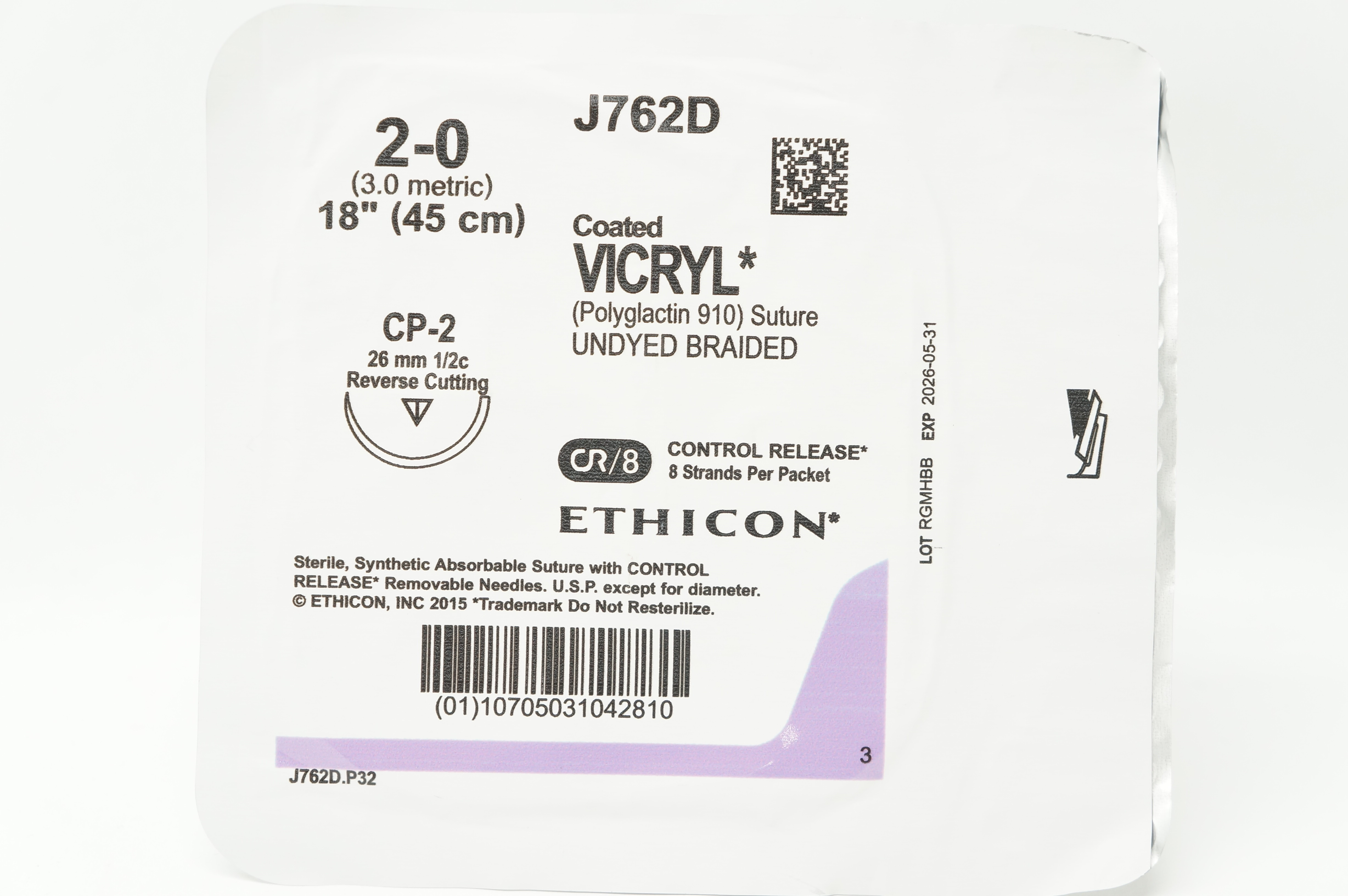 Ethicon J762D 2-0 Coated VICRYL Stre CP-2 26mm 1/2c Reverse Cutting 18inch