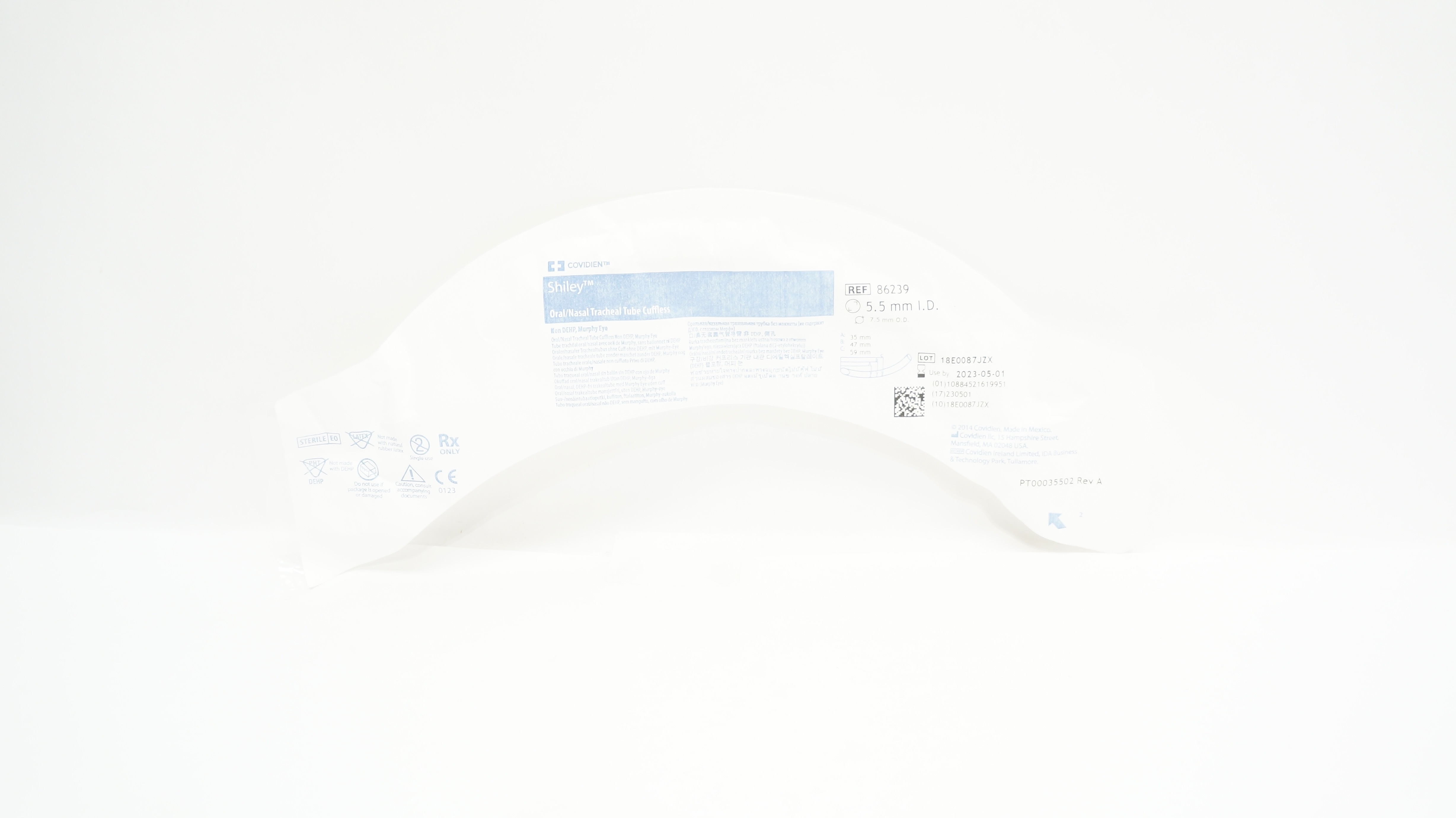Covidien 86239 Shiley Oral/Nasal Tracheal Tube Cuffless 5.5mm ID x 7.5mm OD (x)