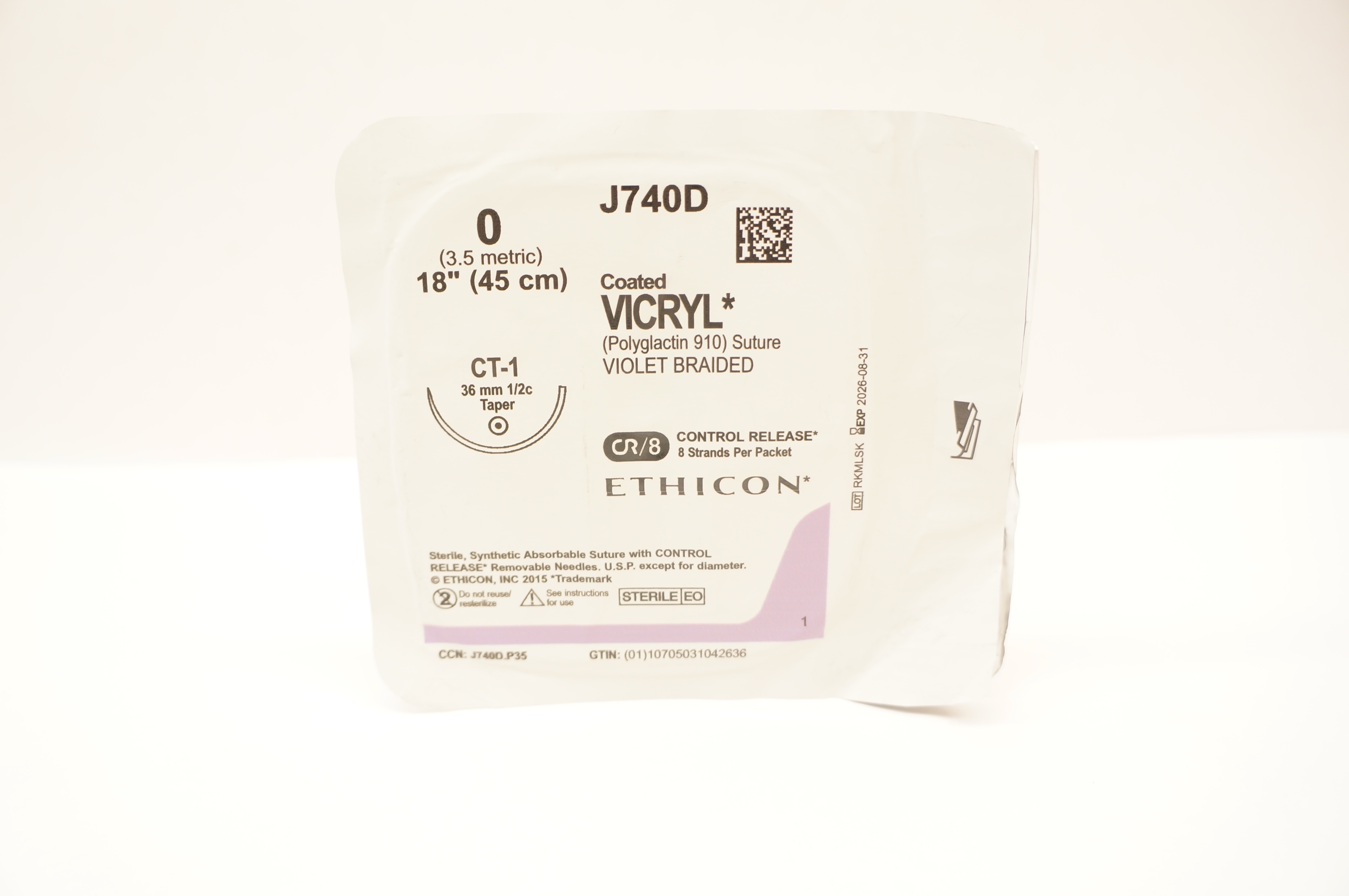Ethicon J740D 0 Coated VICRYL Polyglactin 910 Stre CT-1 36mm 1/2c Taper, 18inch
