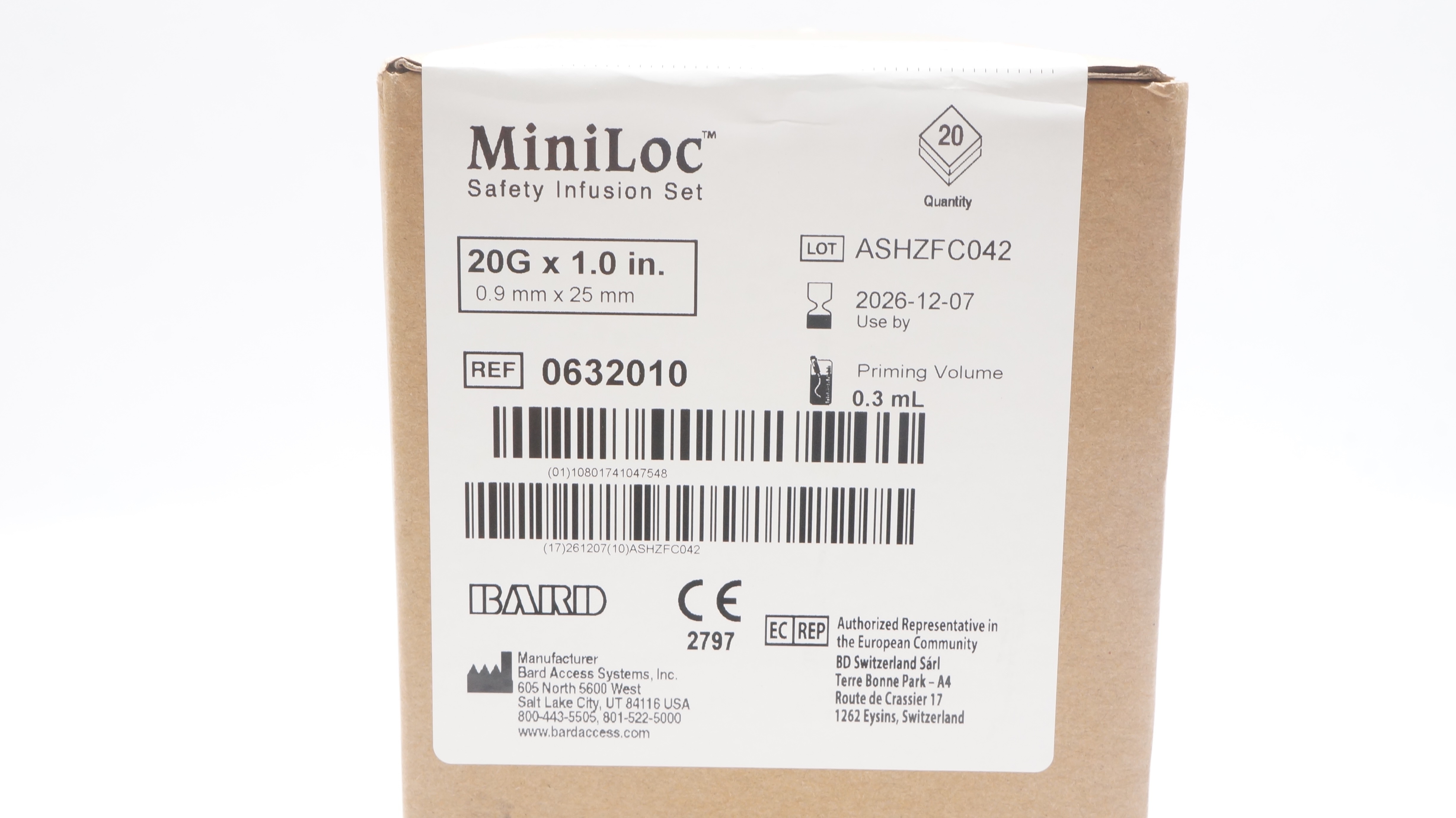 Bard 0632010 MiniLoc Safety Infusion Set 20G x 1.0 inch 0.3mL - Box of 20