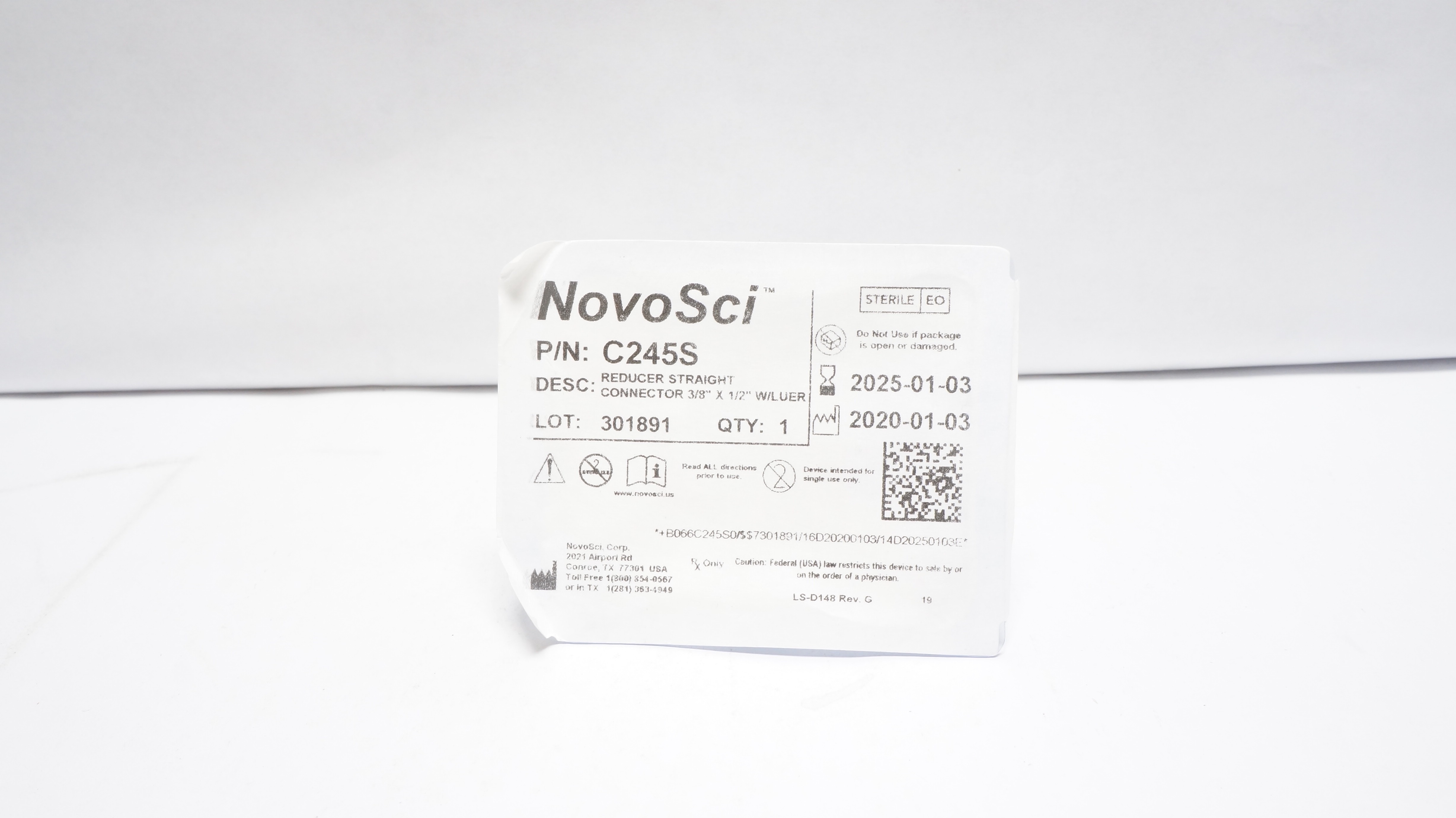 NovoSci C245S Reducer Straiight Connector W/Luer 3/8 inch x 1/2 inch (x)