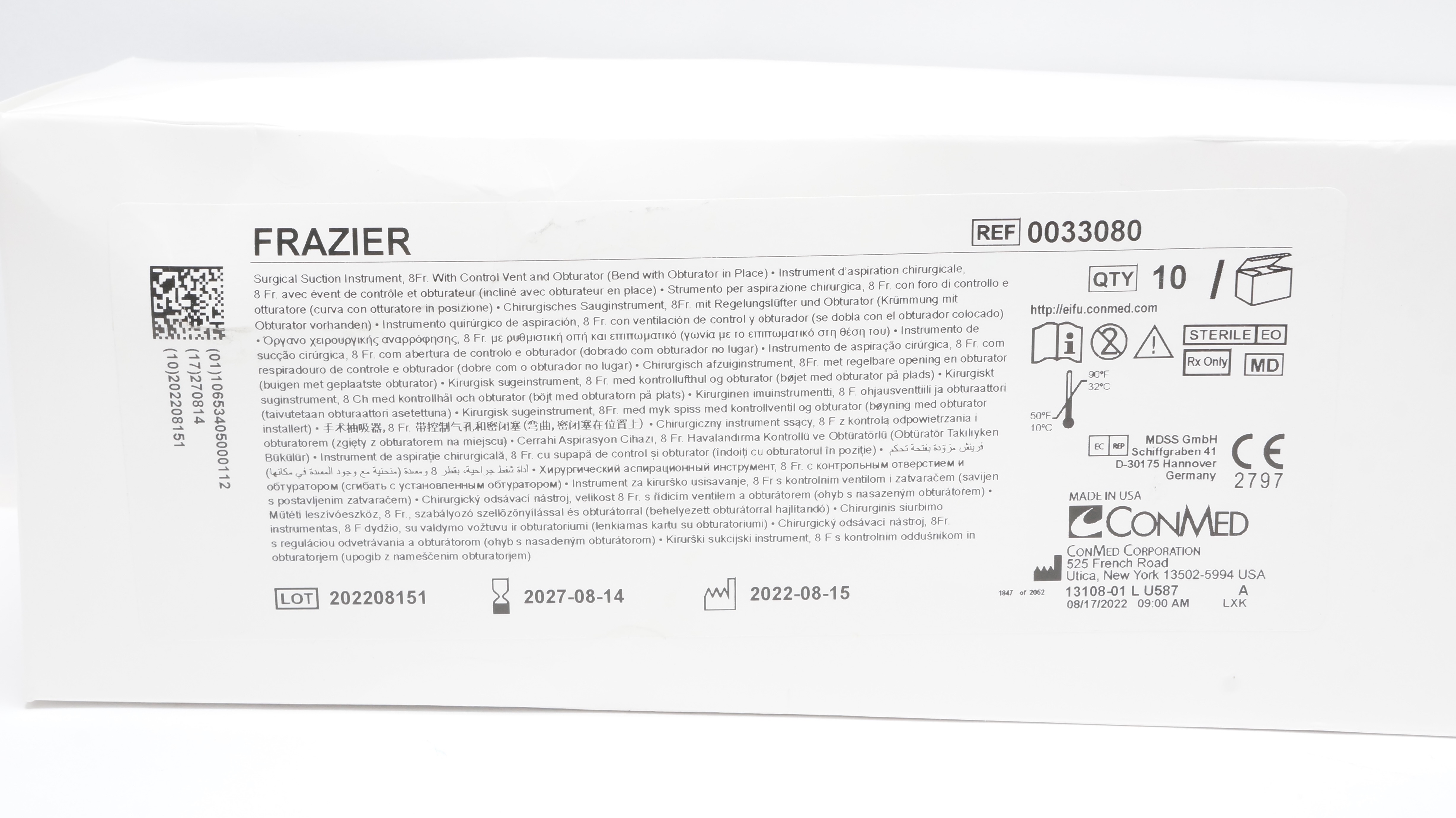 ConMed 0033080 FRAZIER Surgical Suction Instrument, 8Fr - Box of 10