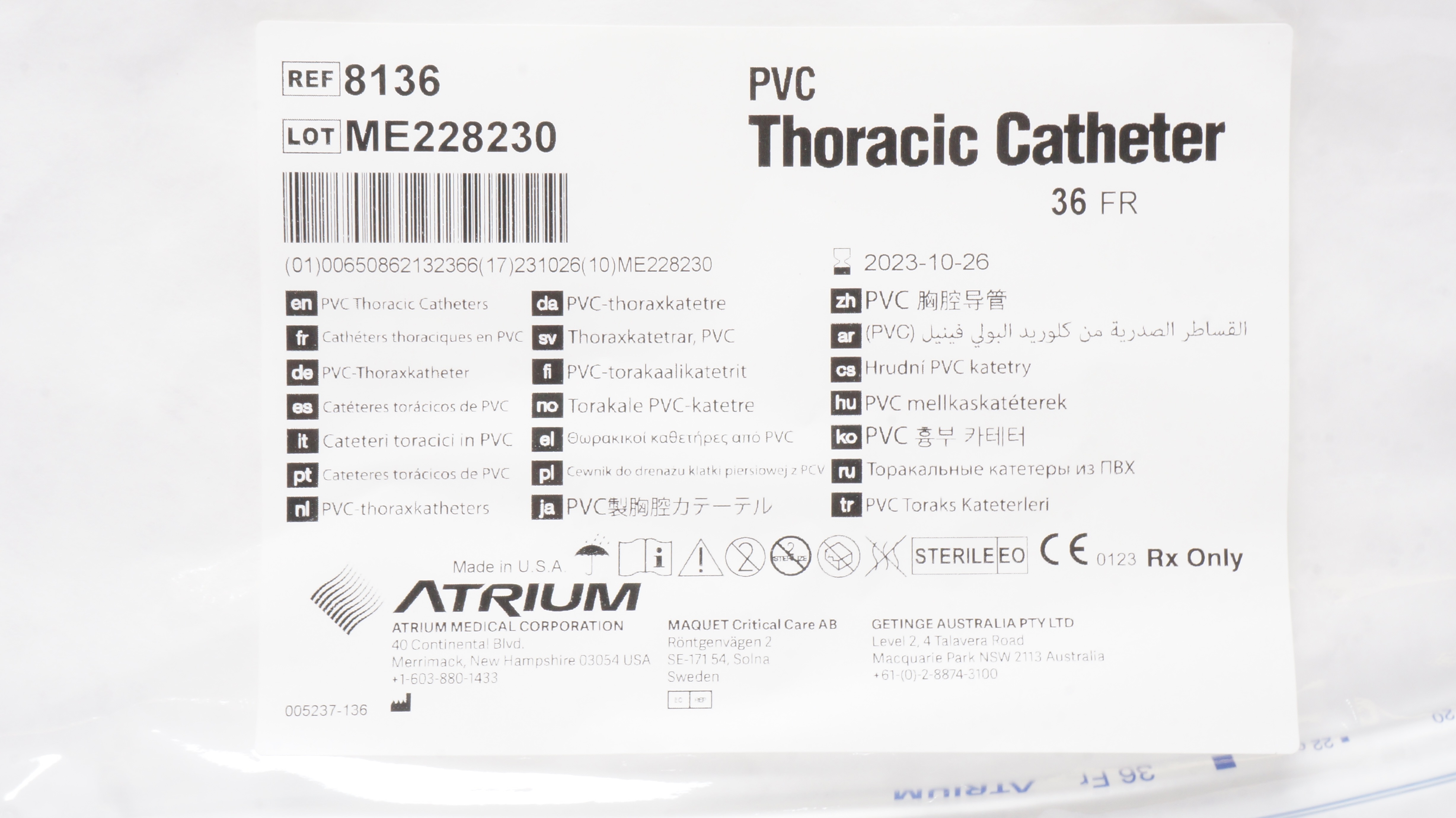 Atrium 8136 PVC Thoracic Cath. 36Fr (x)