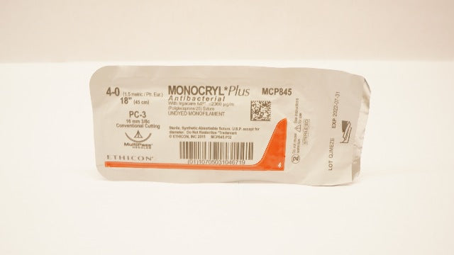 Ethicon MCP845 4-0 Monocryl Plus, PC-3, 16mm 3/8c, 18inch (x)