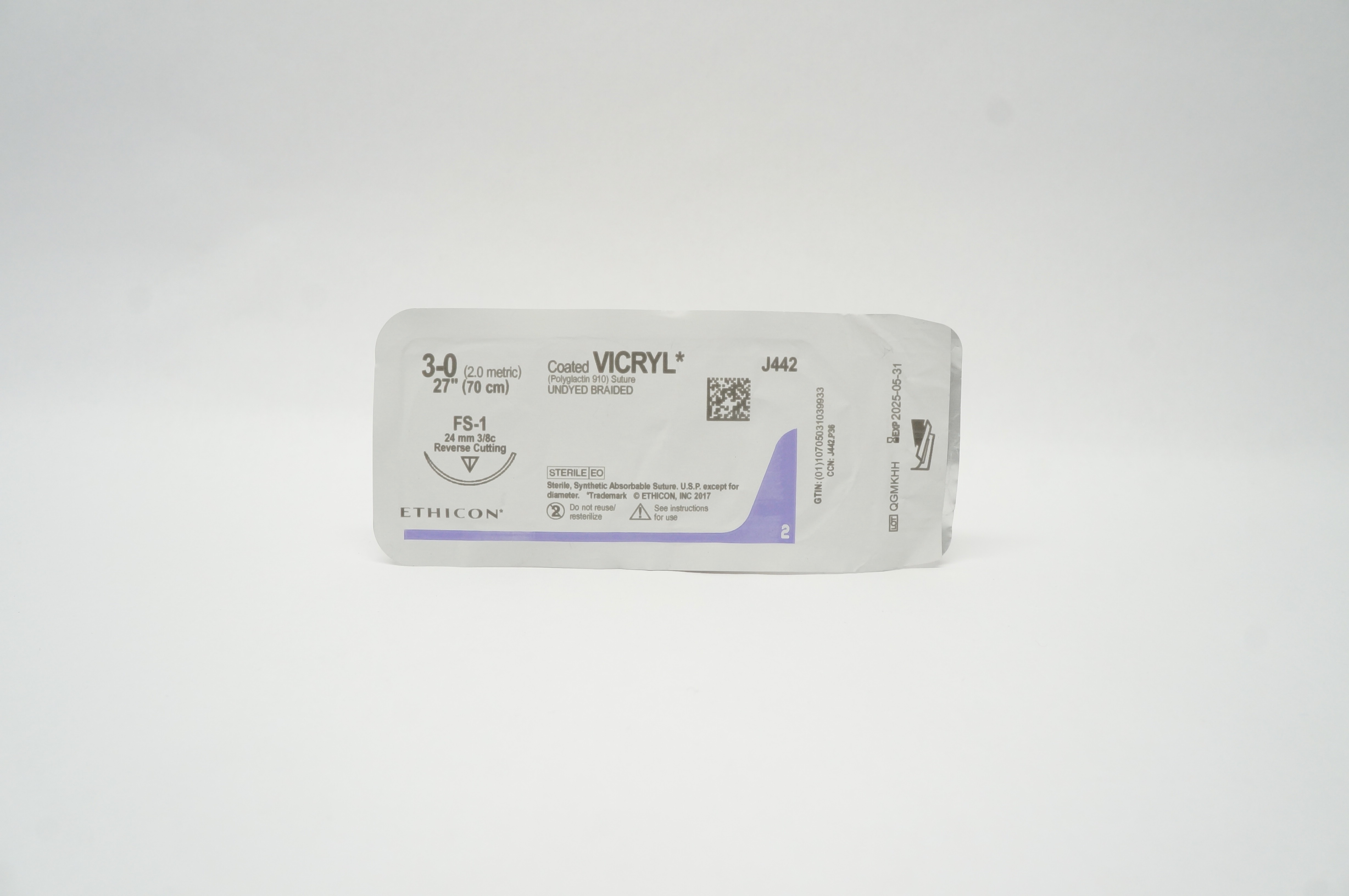 Ethicon J442 3-0 Coated VICRYL, FS-1 24mm 3/8c Reverse Cutting, 27inch