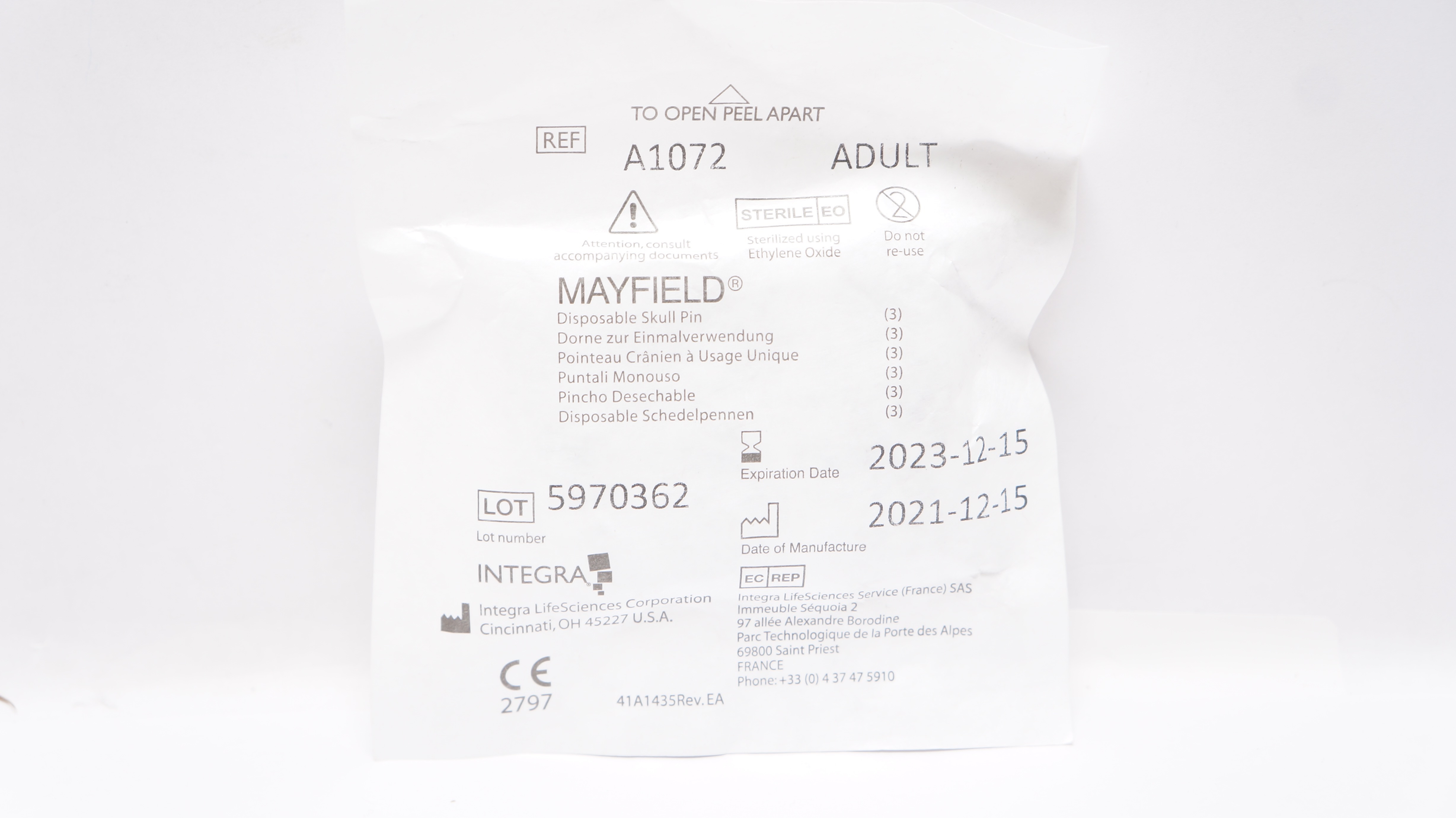 Integra A1072 Mayfield Disposable Skull Pin Adult (x) - Pack of 3