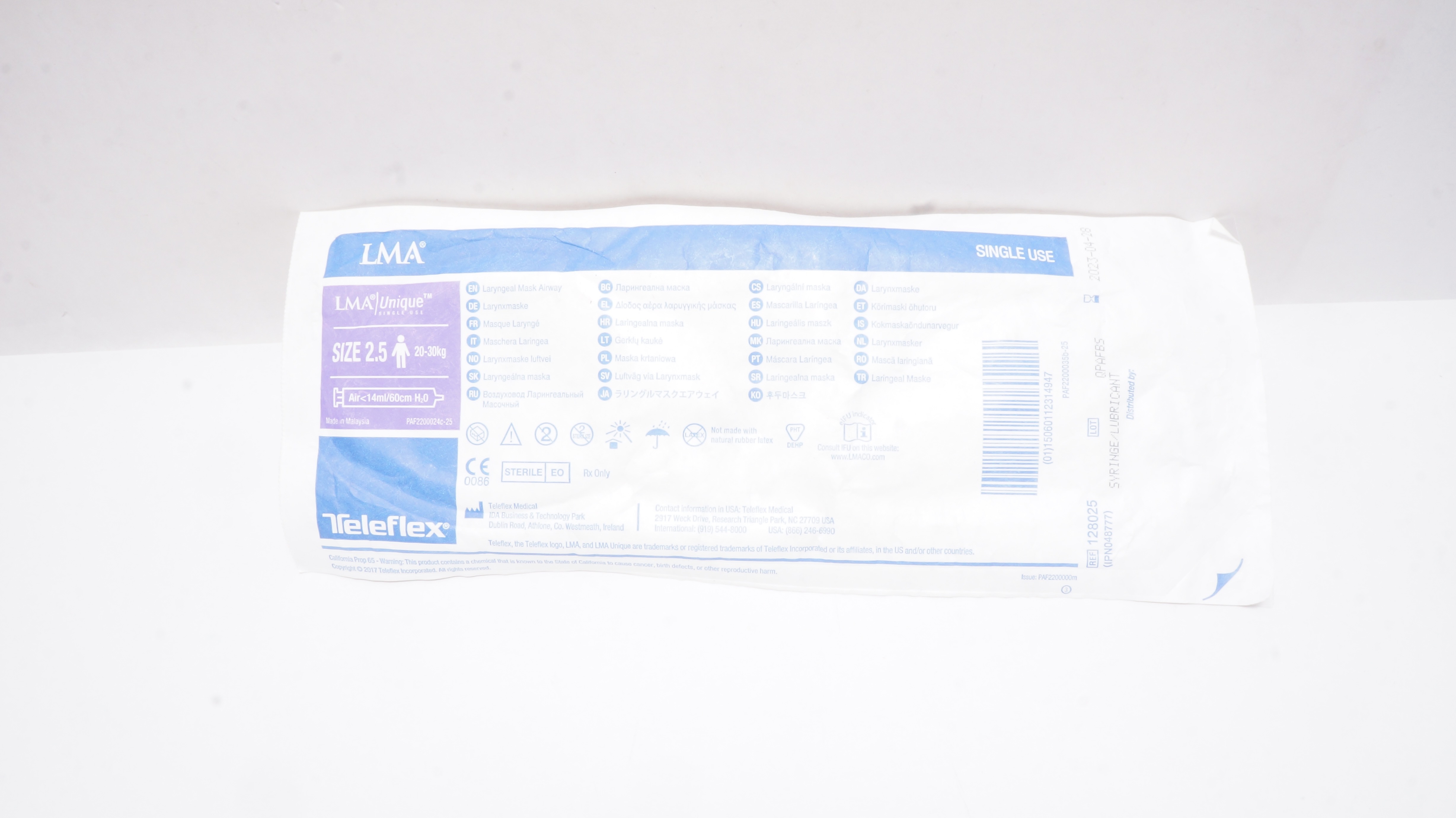 Teleflex 128025 Unique Laryngeal Mask Airway Size 2.5 20-30kg, <14ml/60cm H2O(x)