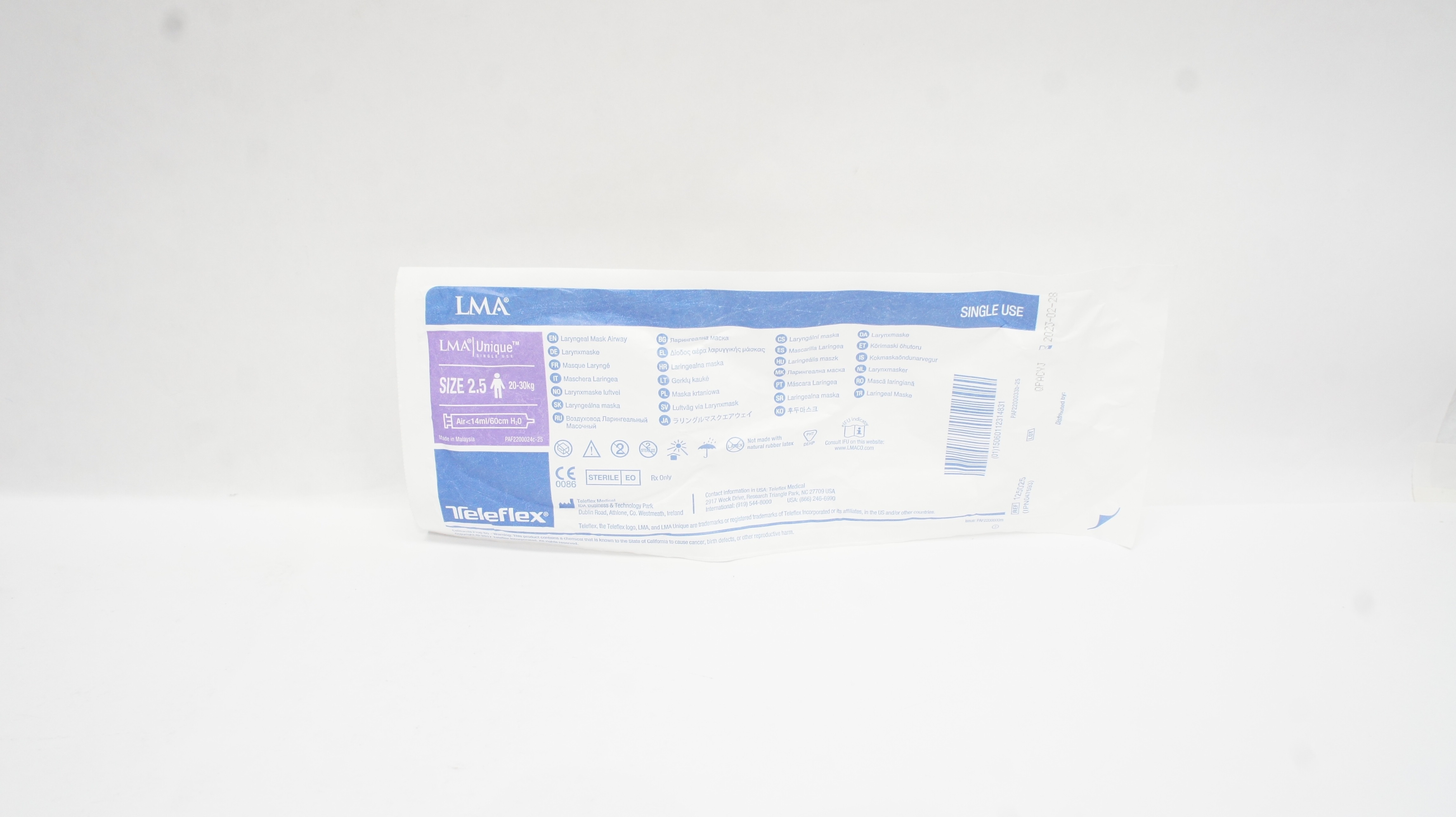 Teleflex 125025 Laryngeal Mask Airway, Air <14 mL/60cm H₂O, Size 2.5 20-30kg (x)