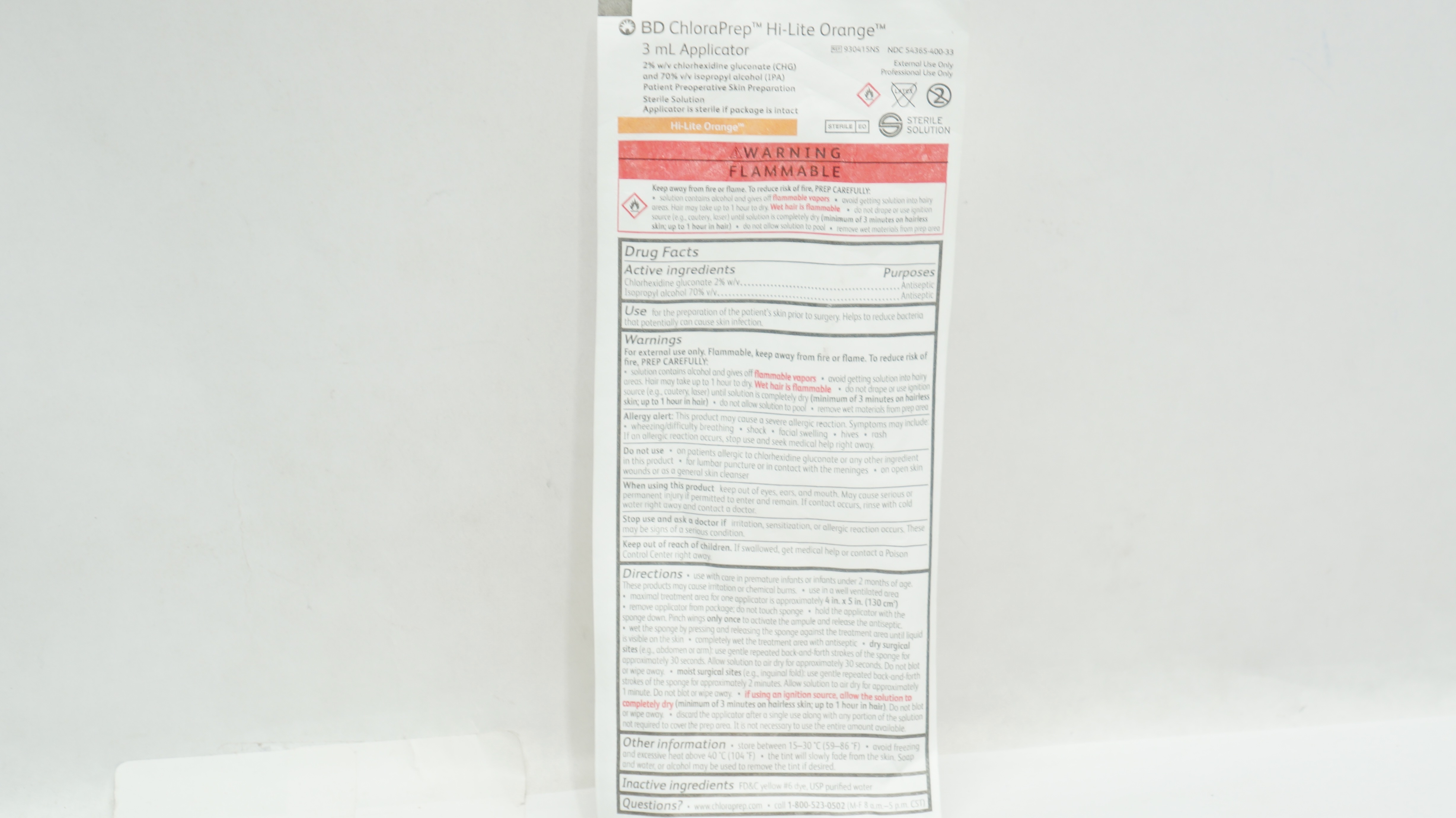 BD 930415NS ChloraPrep Hi-Lite Orange 3mL Foam Applicator Skin Prep Solution