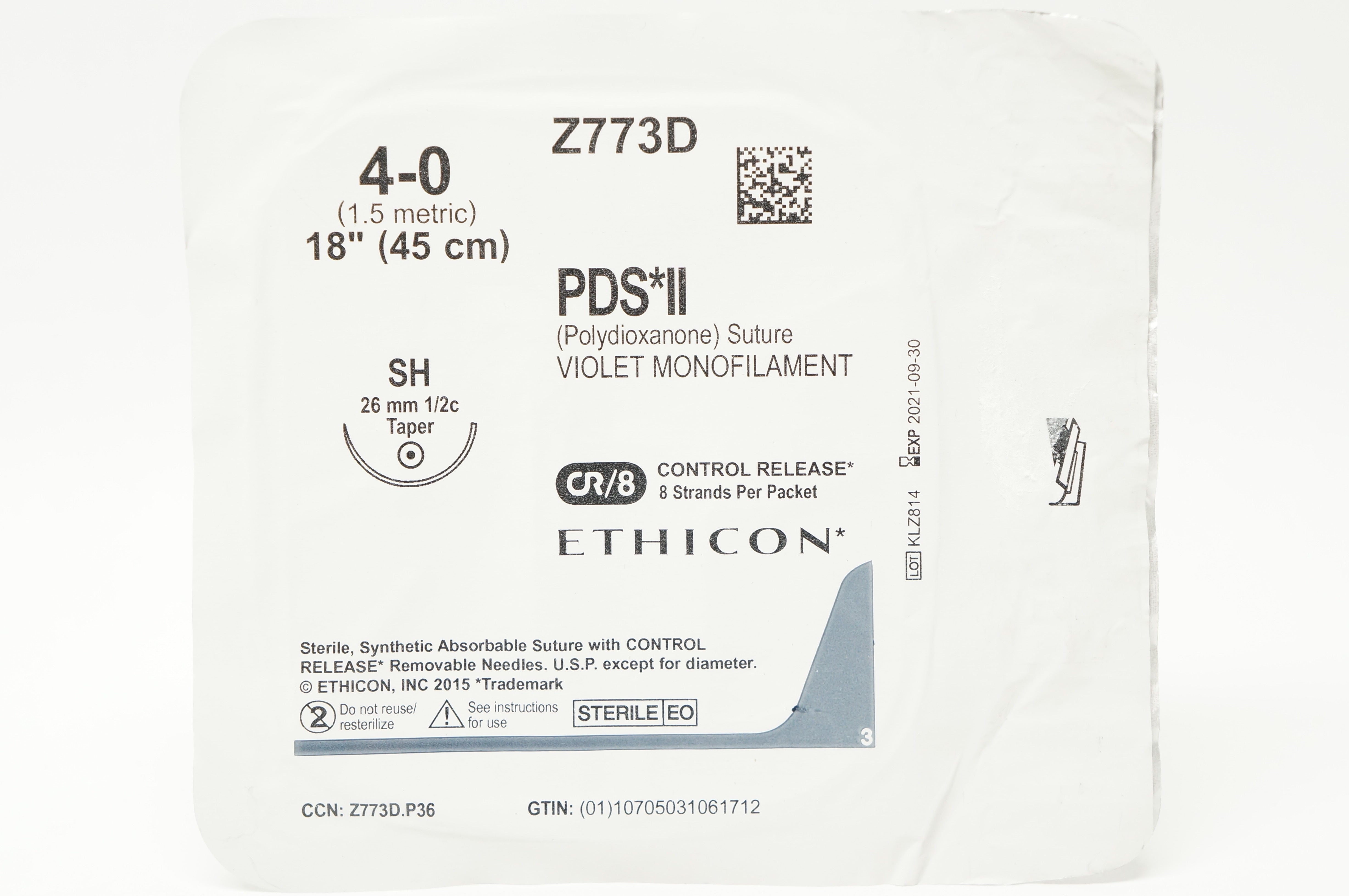Ethicon Z773D 4-0 PDS II Violet Monofilament SH 26mm 1/2c Taper, 18inch (x)