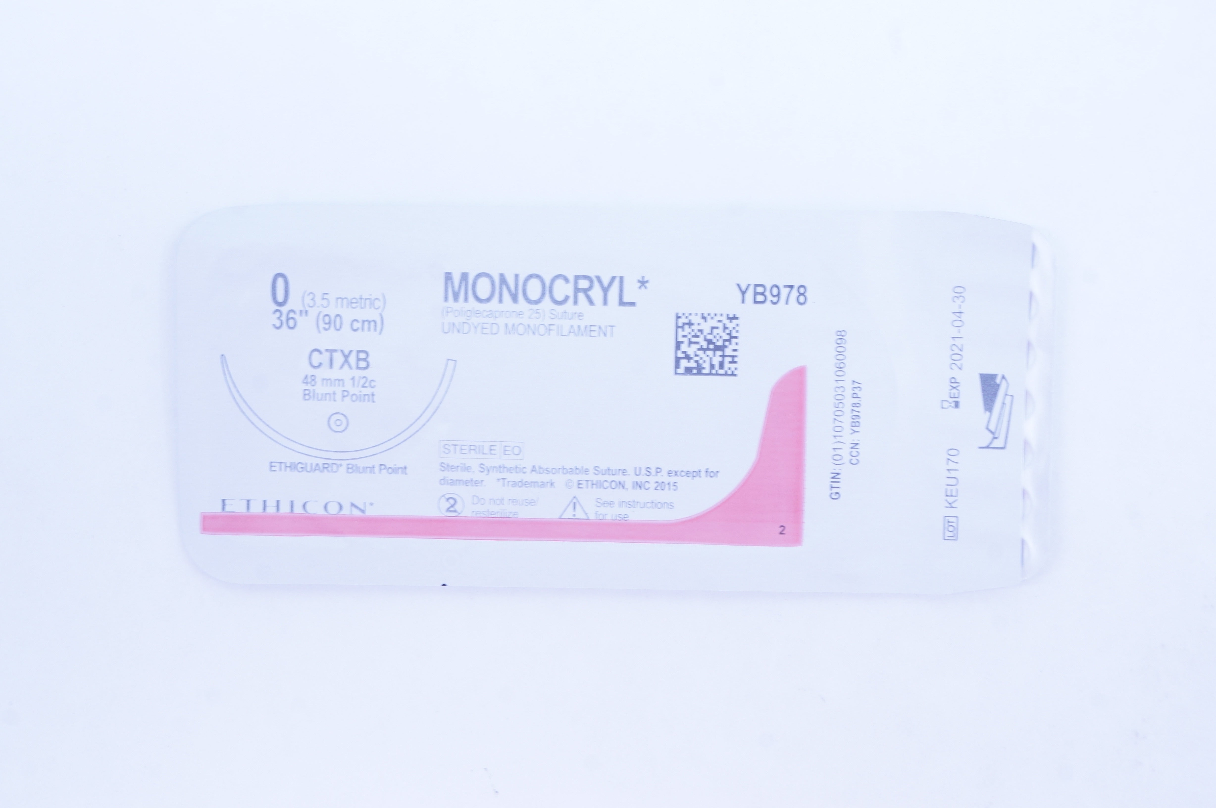Ethicon YB978 0 Monocryl Stre CTXB 48mm 1/2c Blunt Point 36 inch