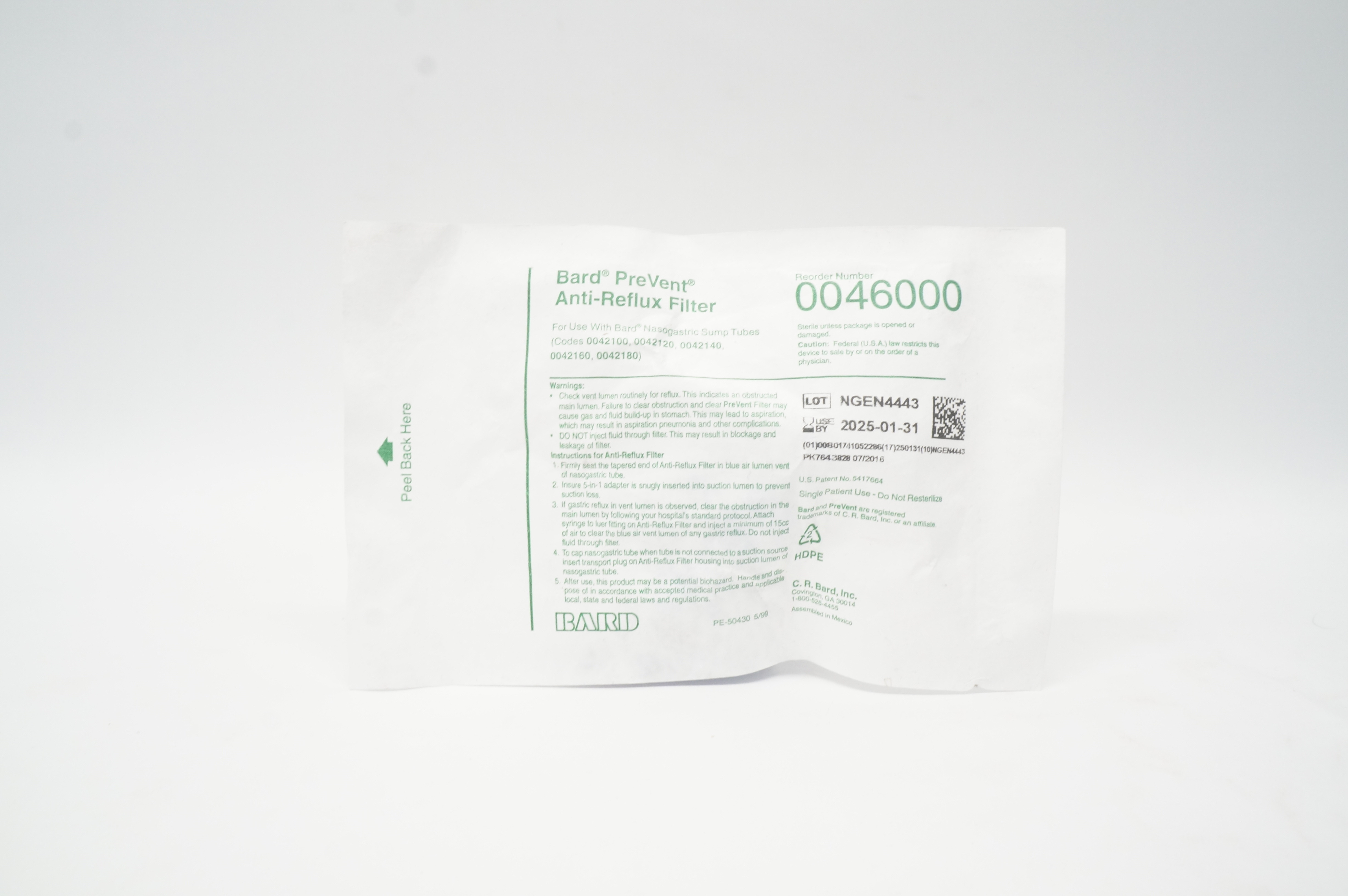 Bard 0046000 PreVent Anti-Reflux Filter