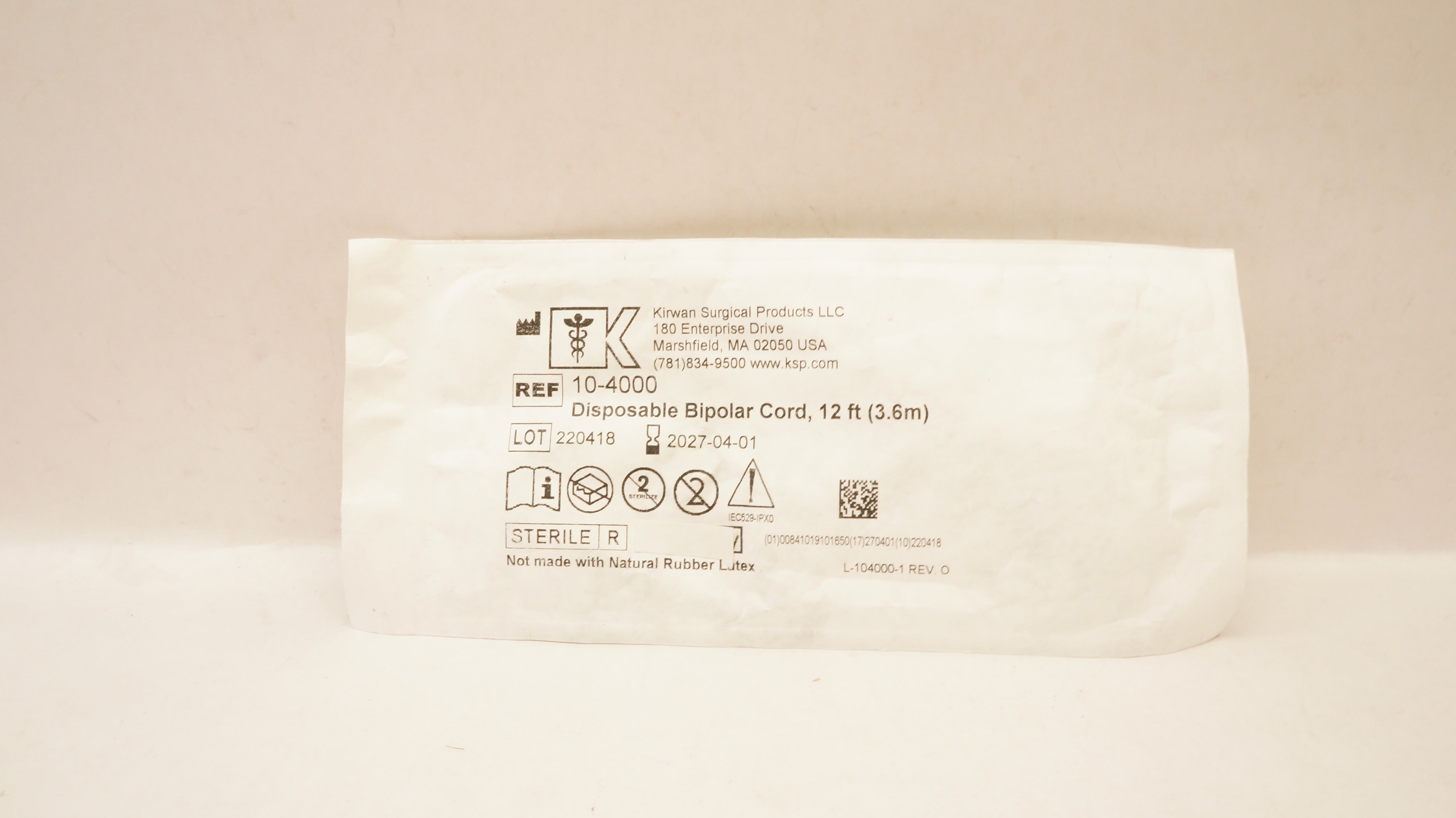 Kirwan Surgical 10-4000 Disposable Bipolar Cord 12ft.