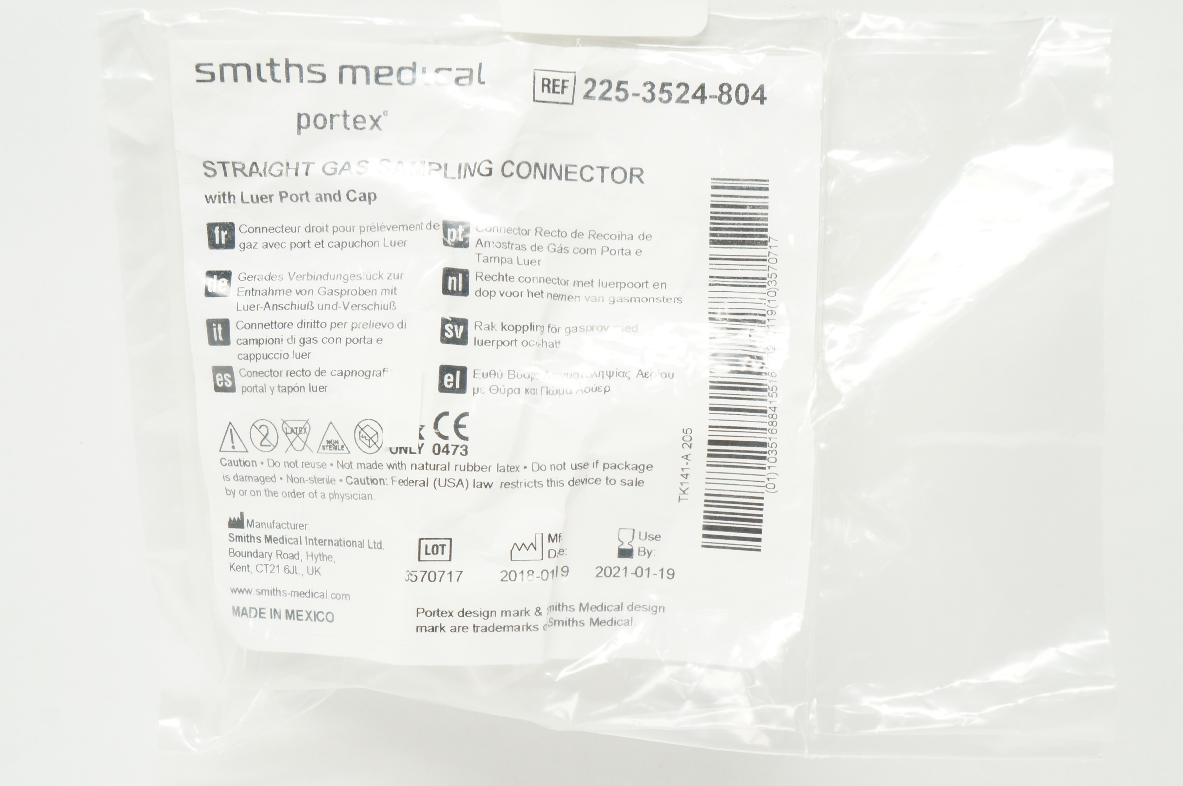 Smiths Medical 225-3524-804 Straight Gas Sampling Connector w/Luer Port & Cap(x)
