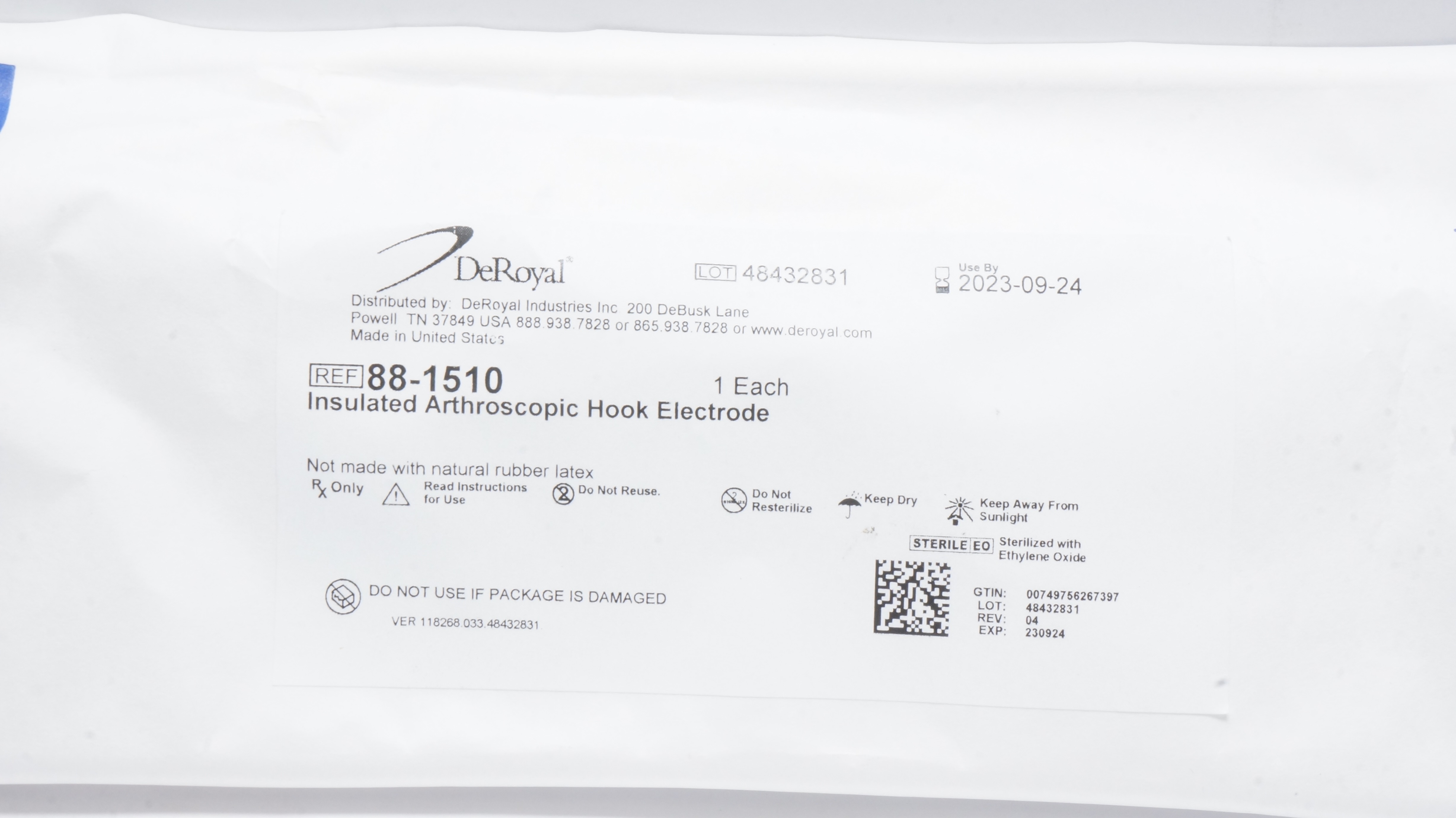 DeRoyal 88-1510 Insulated Arthroscopic Hook Electrode (x)