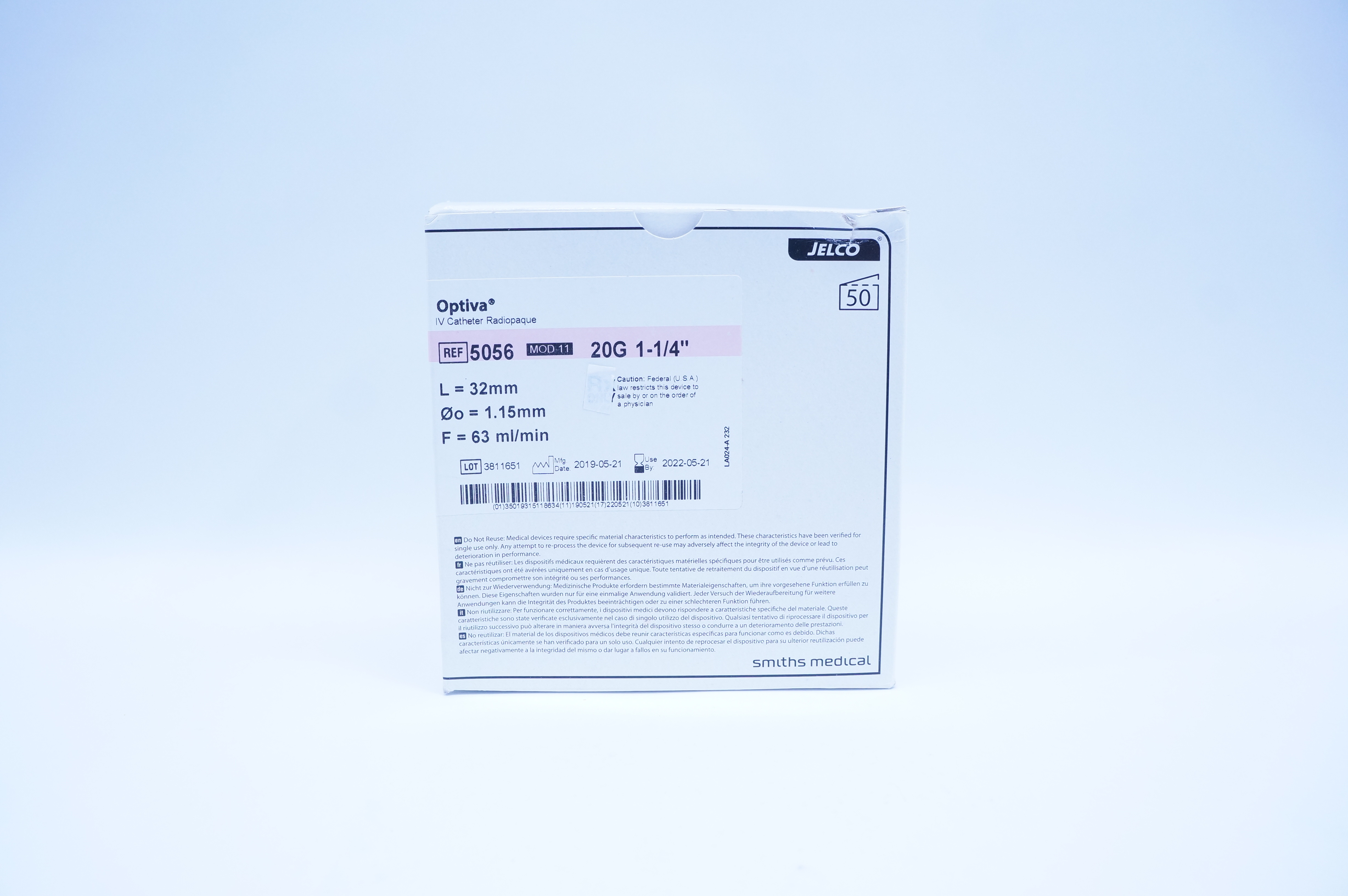 Smiths Medical 5056 Optiva IV Cath. Radiopaque 20G x 1-1/4inch - Box of 50