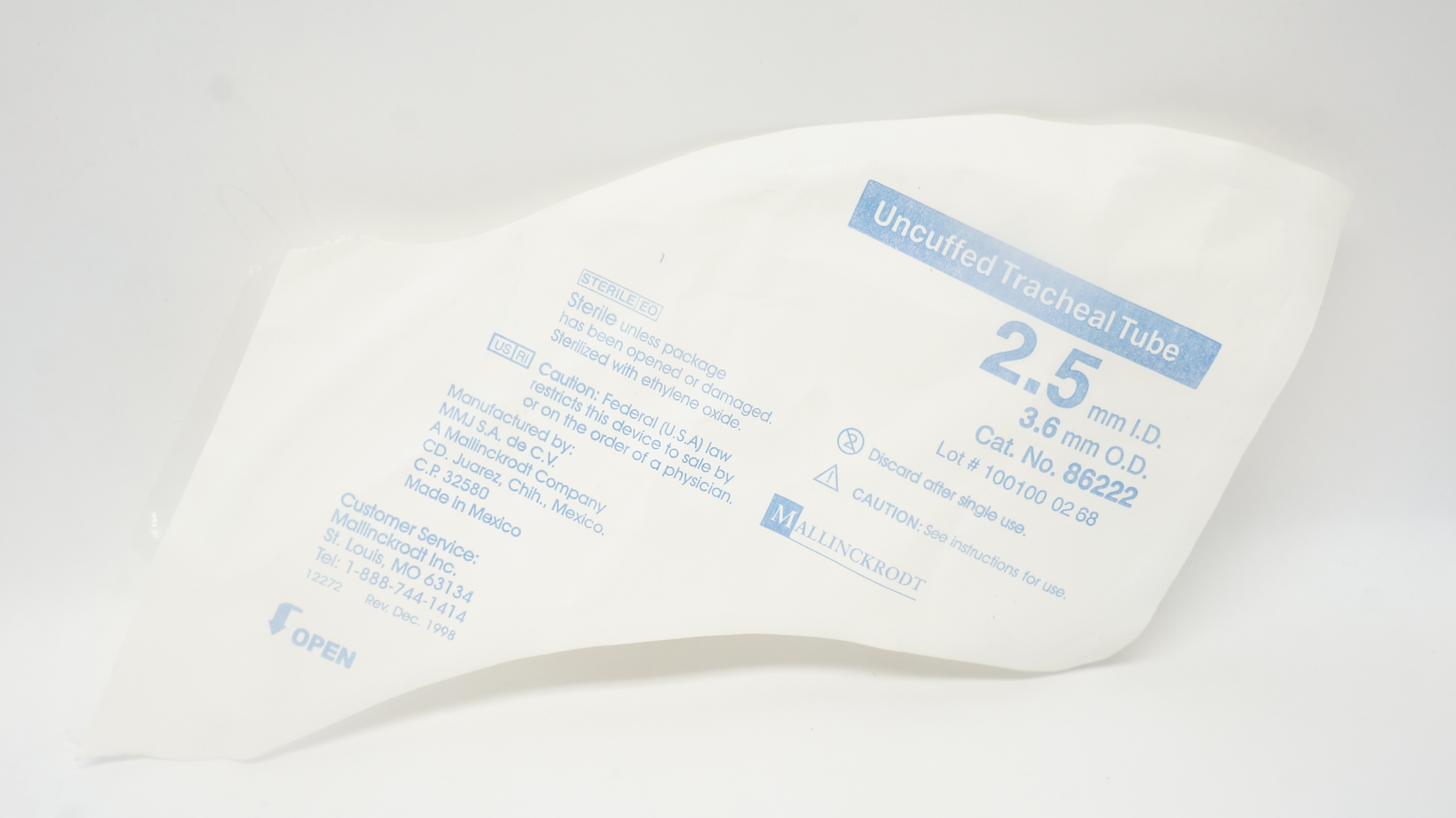 Covidien 86222 Mallinckrodt Oral/Nasal Tracheal Tube Cuffless 2.5mm x 3.6mm
