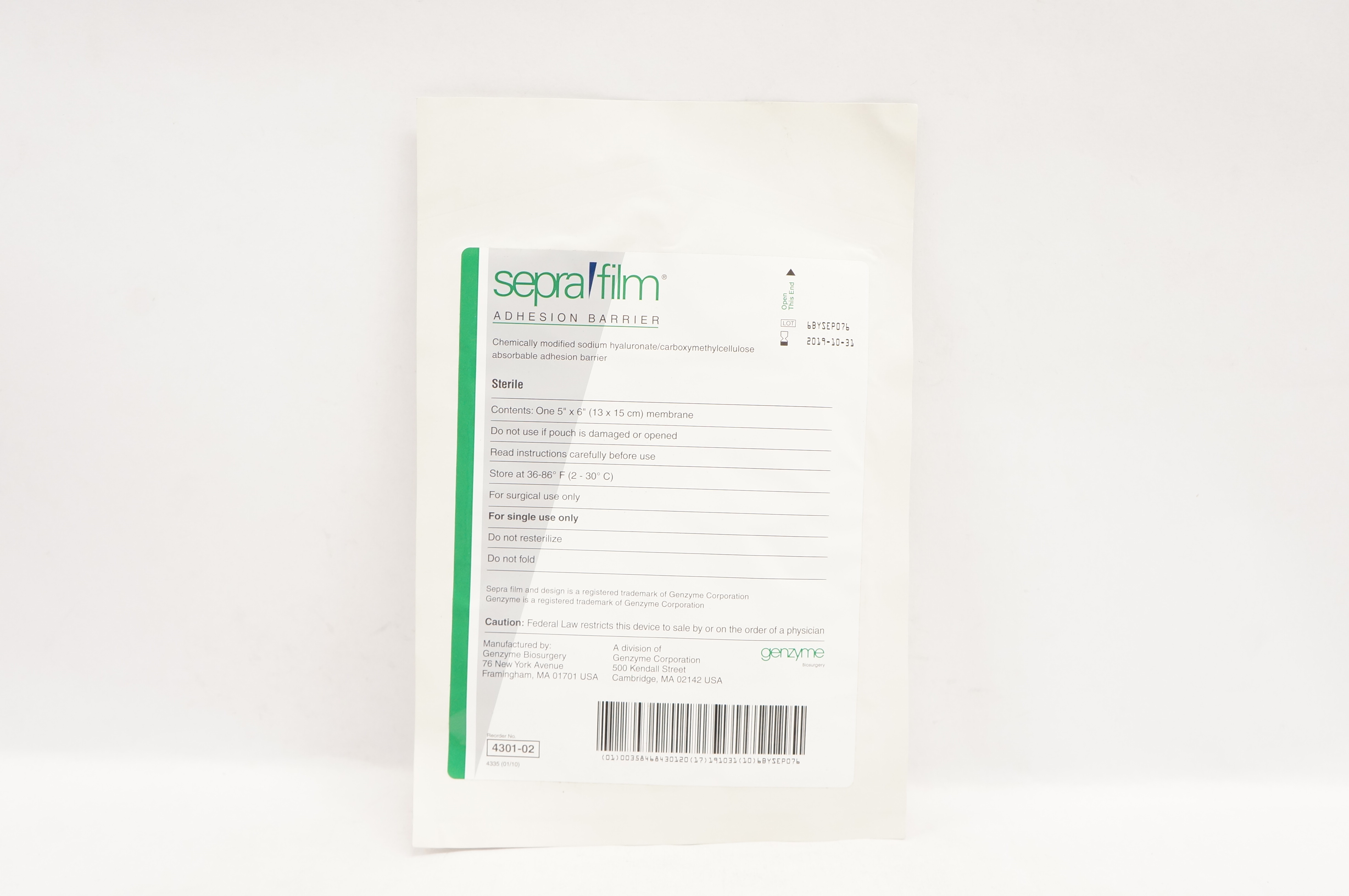 Genzyme 4301-02 Sepra Firm Adhesion Barrier 5inch x 6inch Membrane (x)