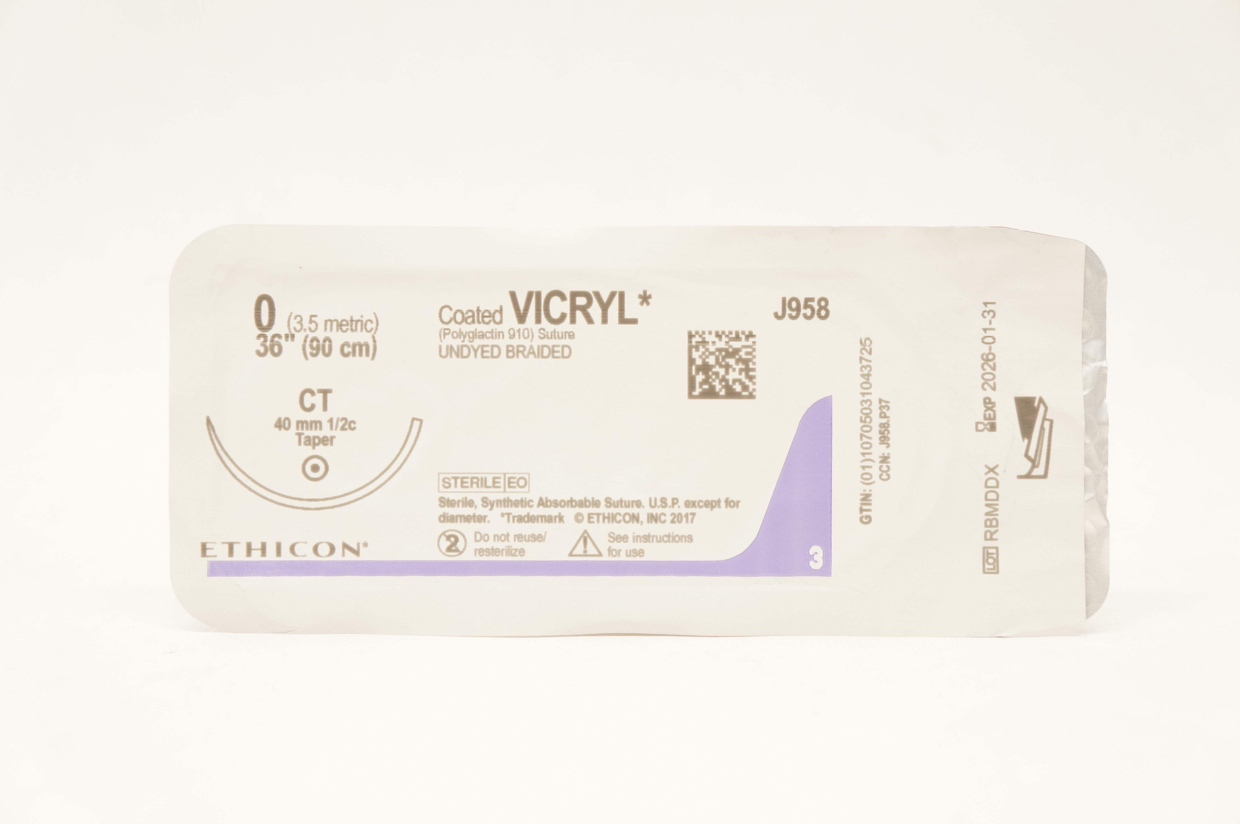 Ethicon J958 0 Coated VICRYL Polyglactin Stre CT 40mm 1/2c Taper, 36inch