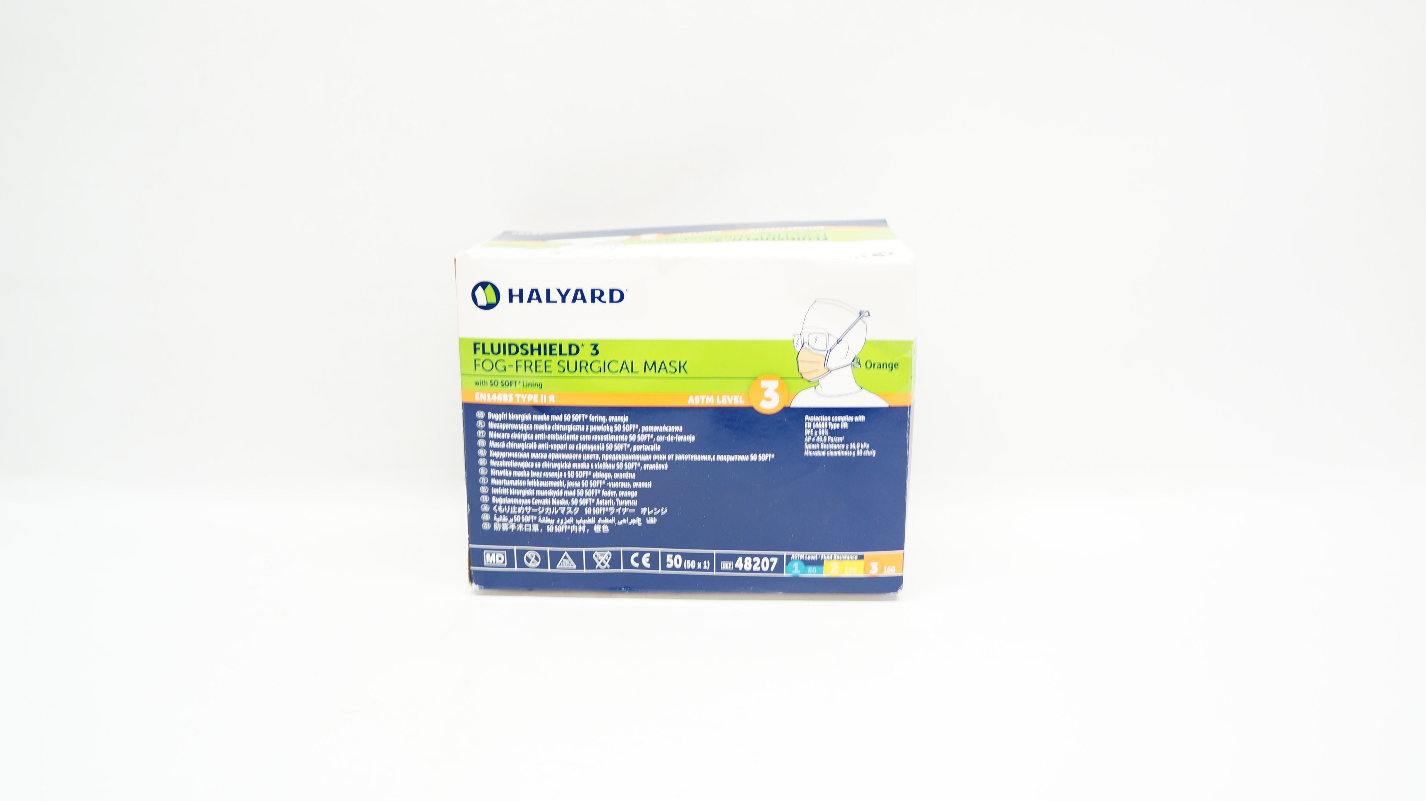 Halyard 48207 Fluishield 3 Fog-Free Surgical Mask, Orange - Box of 50