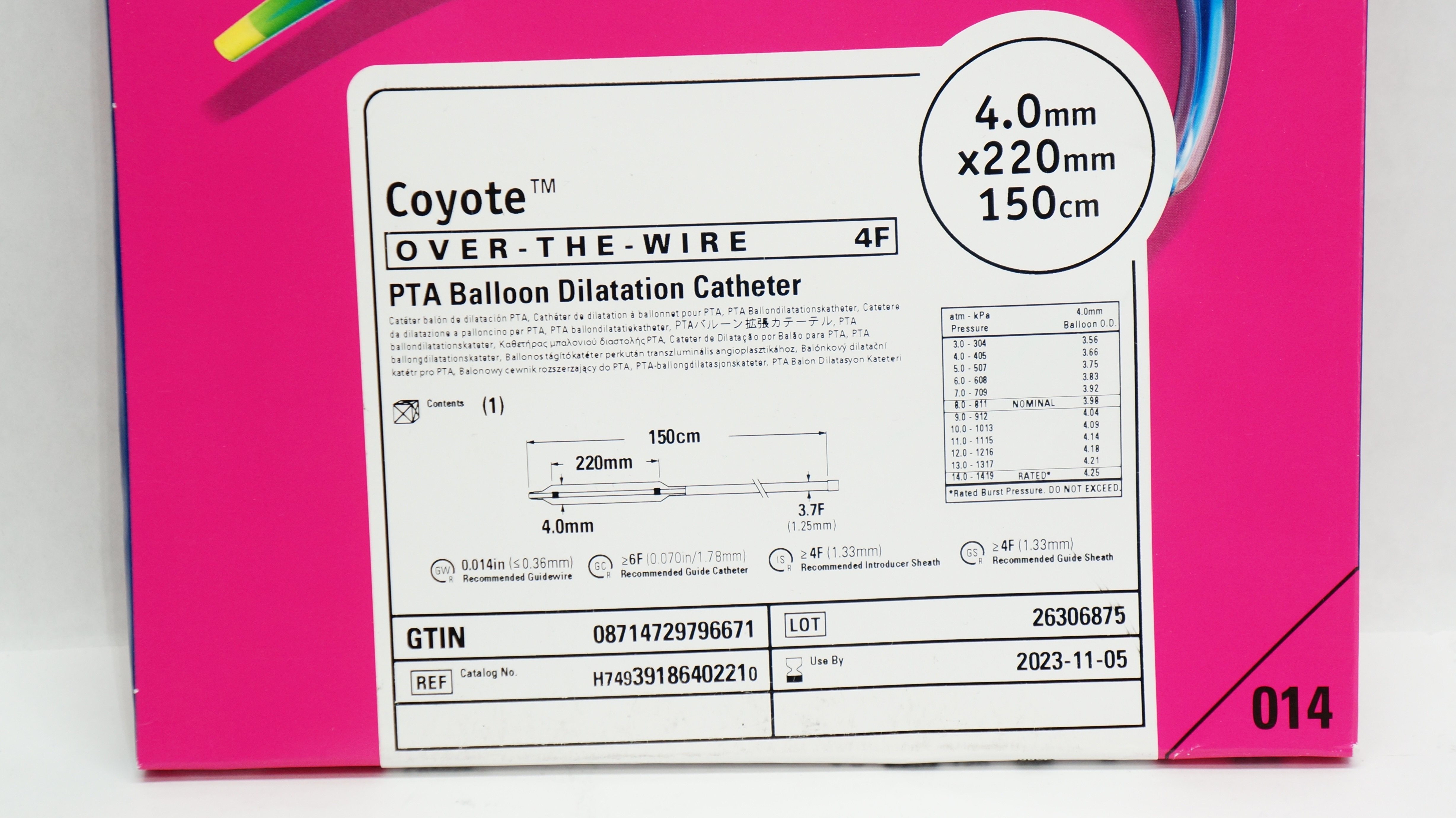 Boston Scientific H74939186402210 Coyote Dilatation Cath. 4.0 x 220mm x 150cm(x)