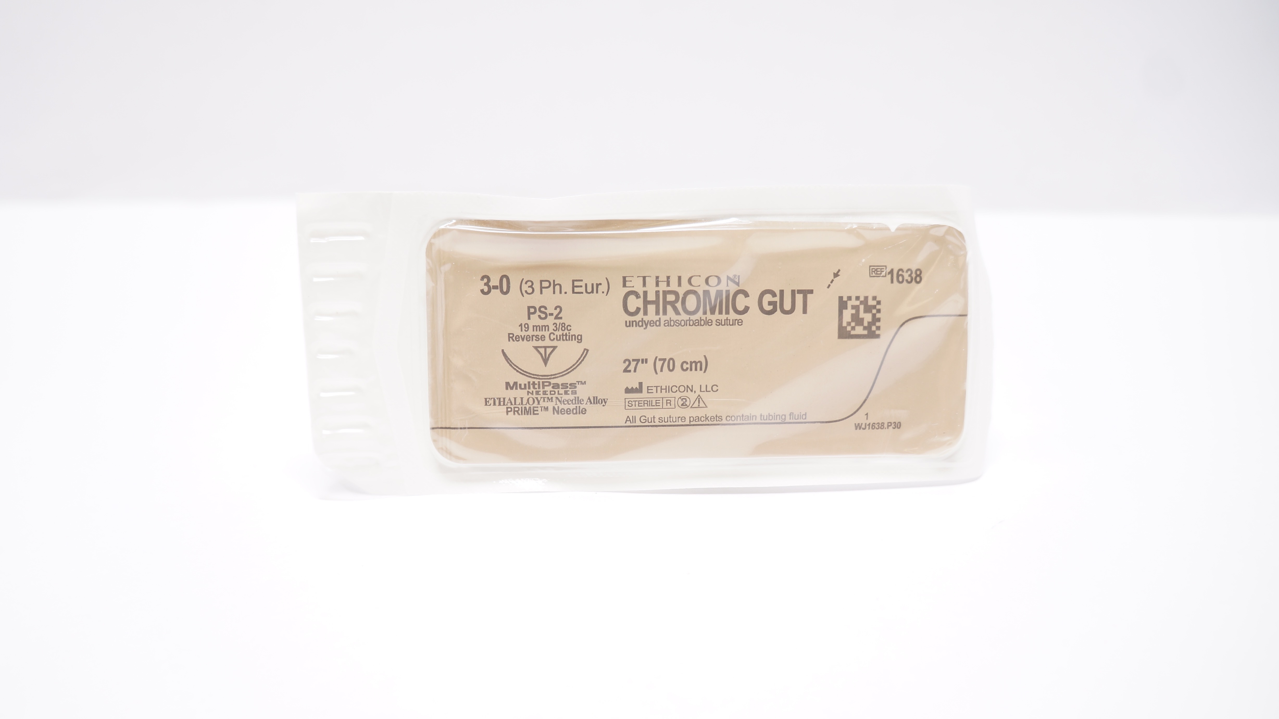 Ethicon 1638 3-0 Chromic Gut, PS-2, 19mm 3/8c Reverse Cutting, 27inch (x)