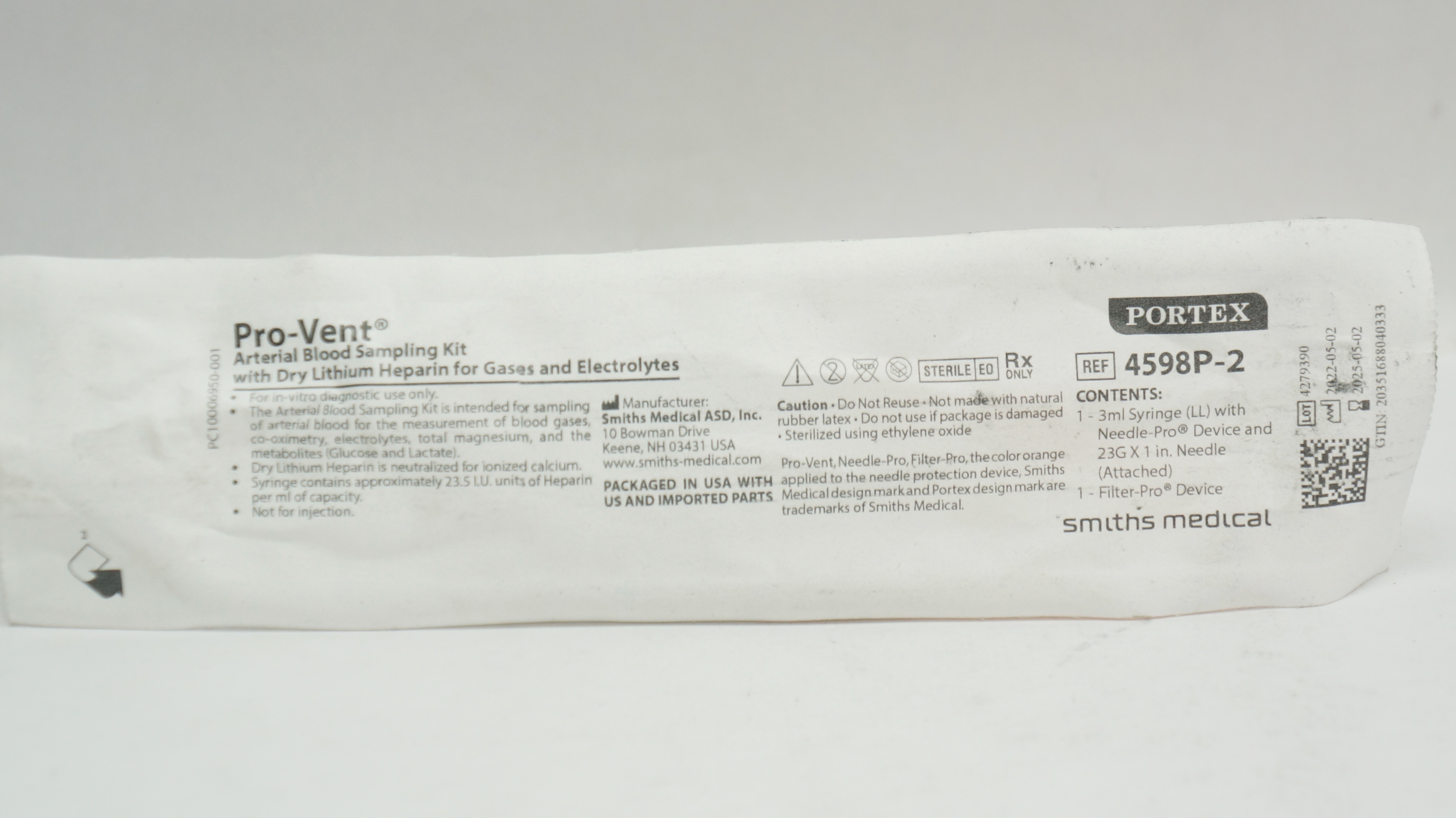 Smiths Medical 4598P-2 Pro-Vent Arterial Blood Sampling Kit