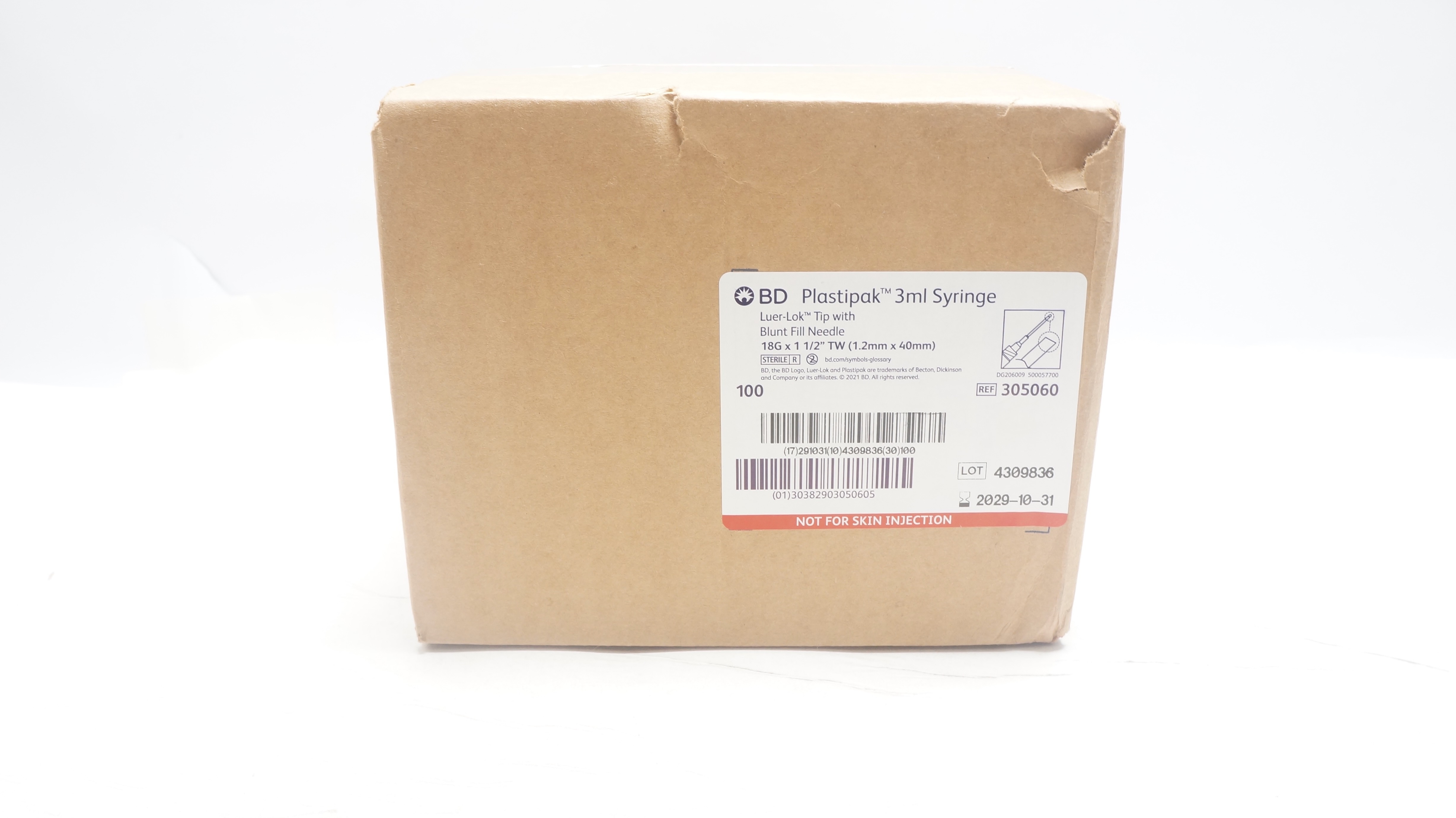 BD 305060 Plastipak Syringe 3ml Luer-Lok Tip 18G x 1-1/2In - Box of 100