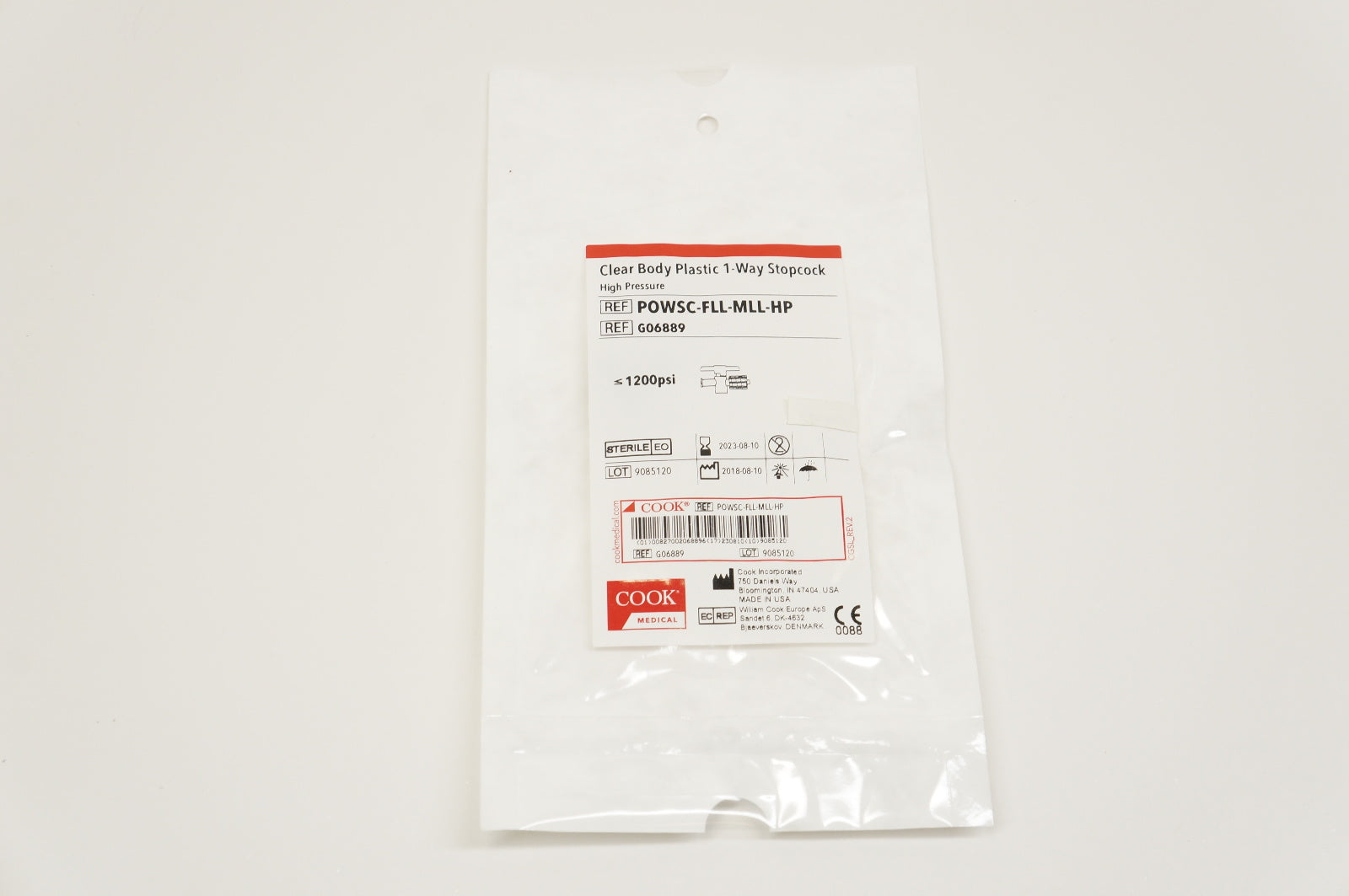 Cook Medical G06889 Clear Body Plastic 1-Way Stopcock High Pressure ≤1200psi