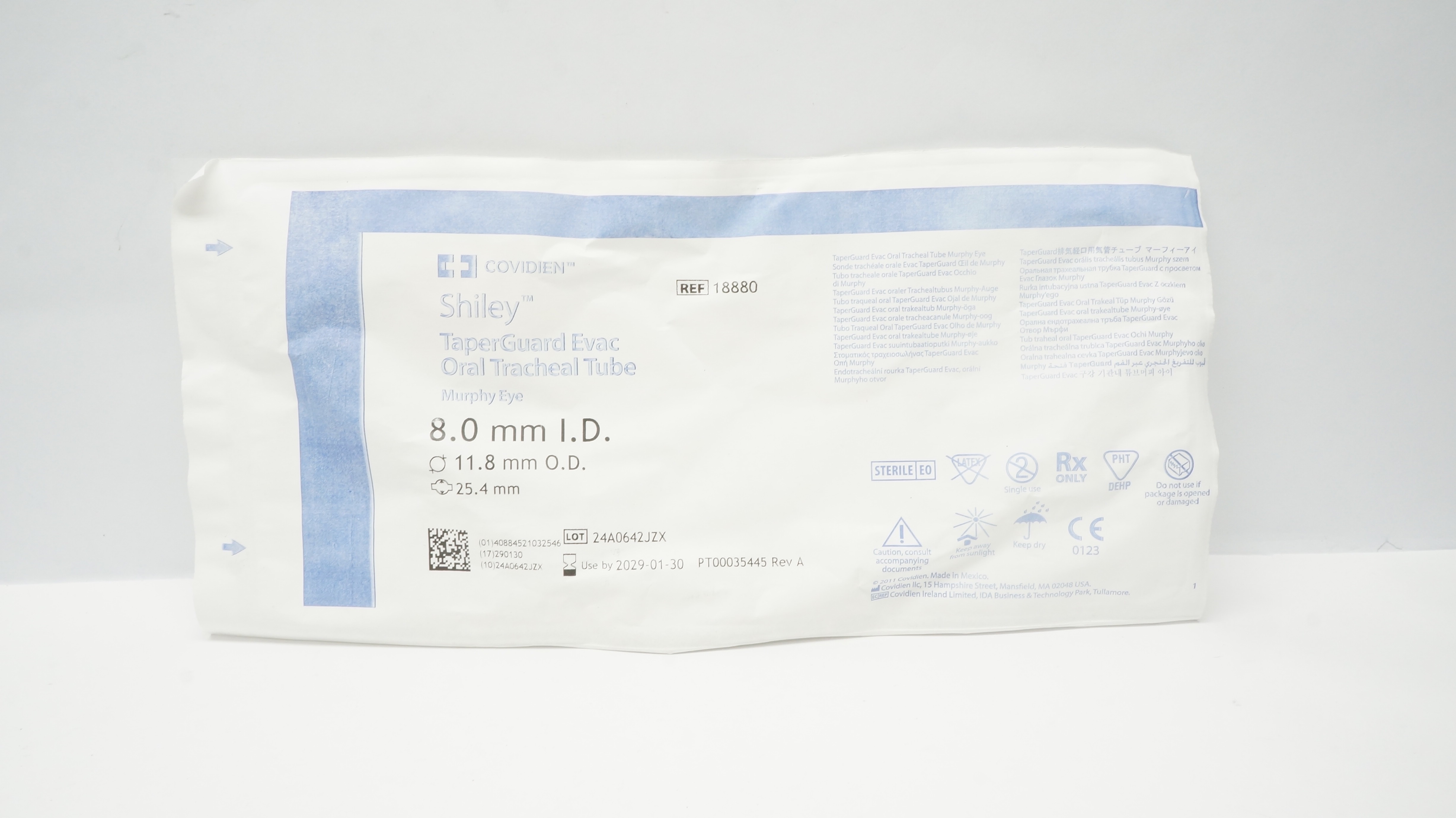 Covidien 18880 Shiley TaperGuard Evac Oral Tracheal Tube 8.0ID x 11.8OD x 25.4mm