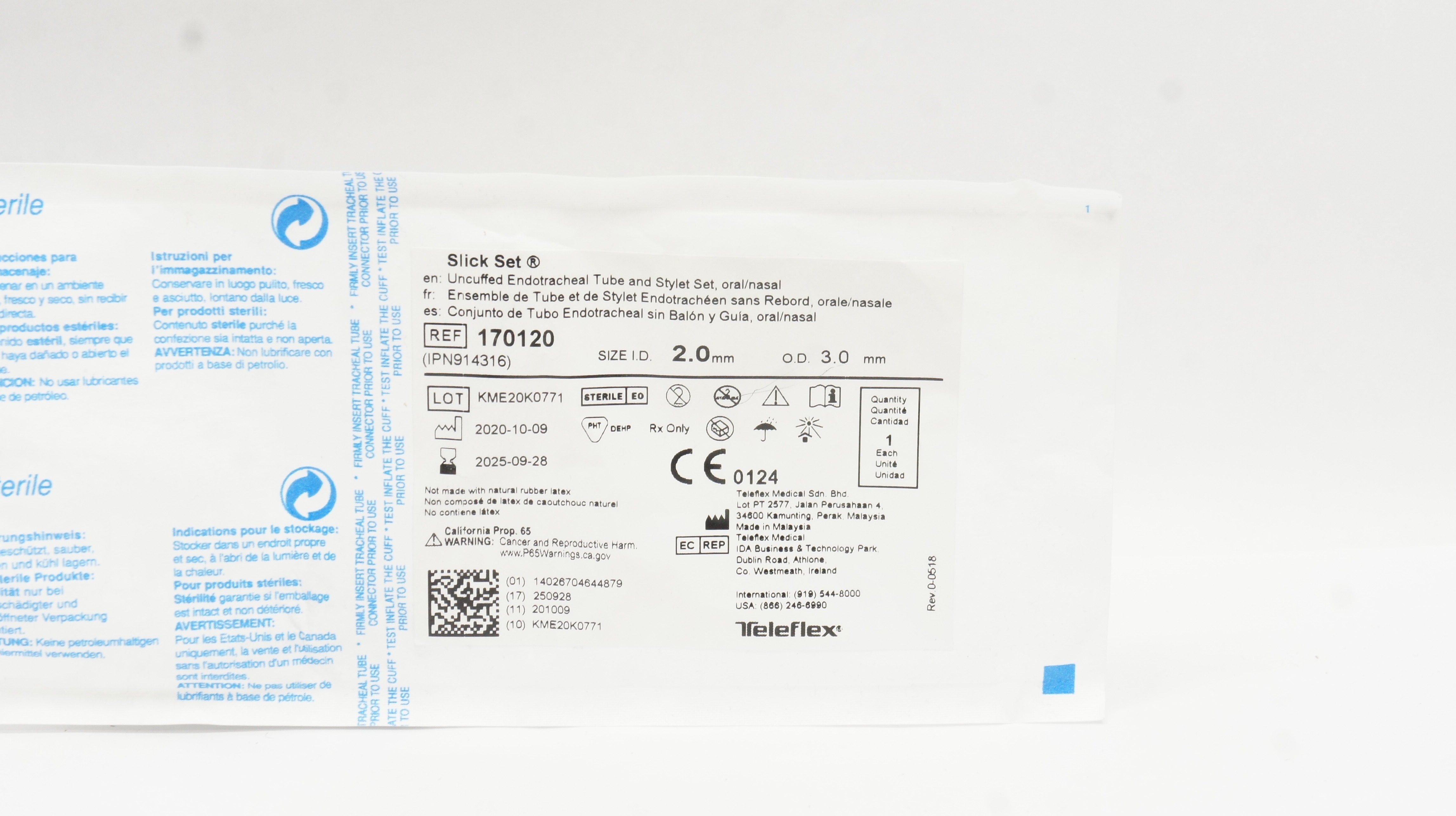Teleflex 170120 Rusch Slick Set Endotracheal Tube and Stylet Set 2.0ID x 3.0mmOD