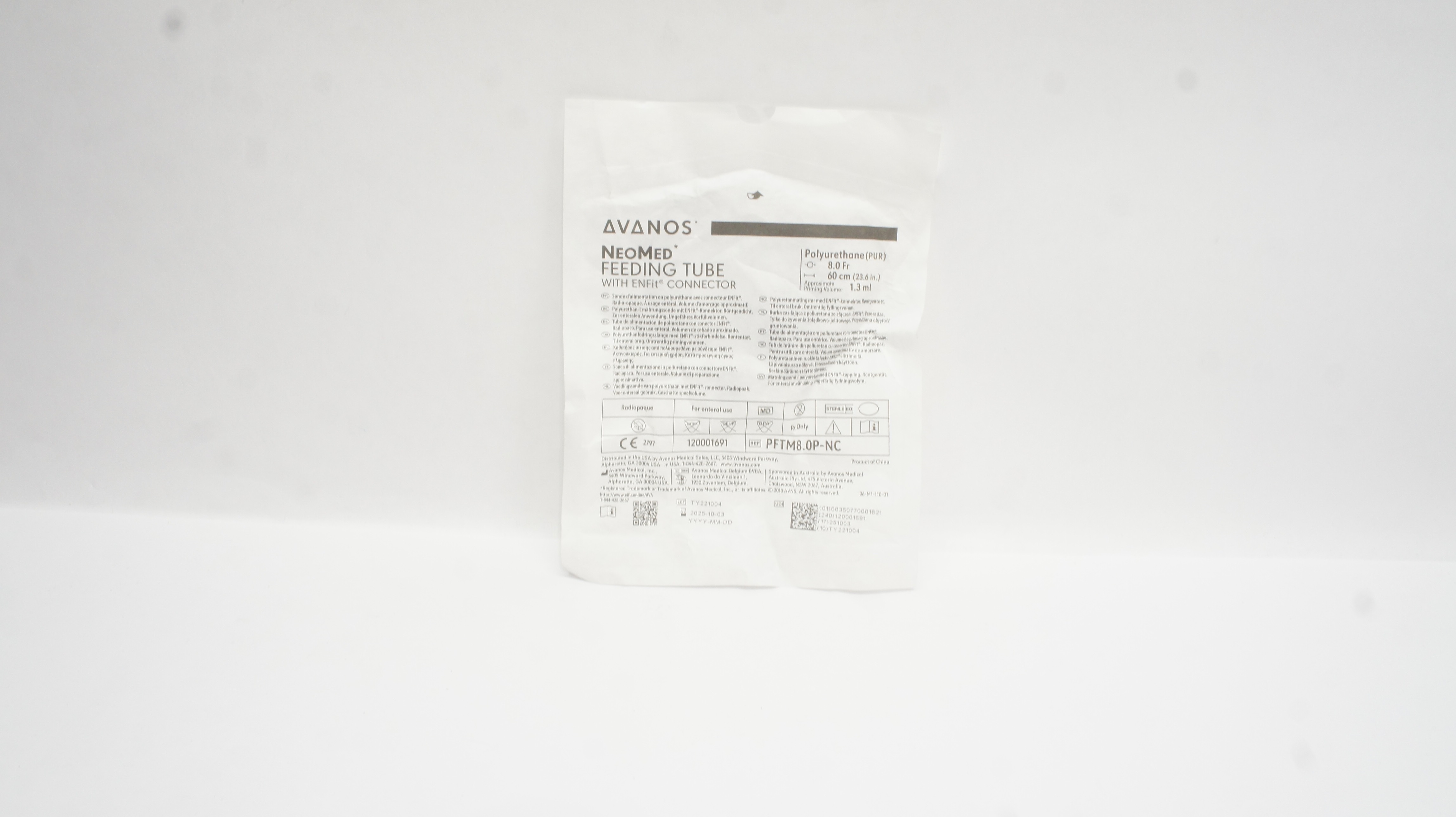 Avanos PFTM8.0P-NC NeoMed Polyurethane Feeding Tube w/EnFit Connector