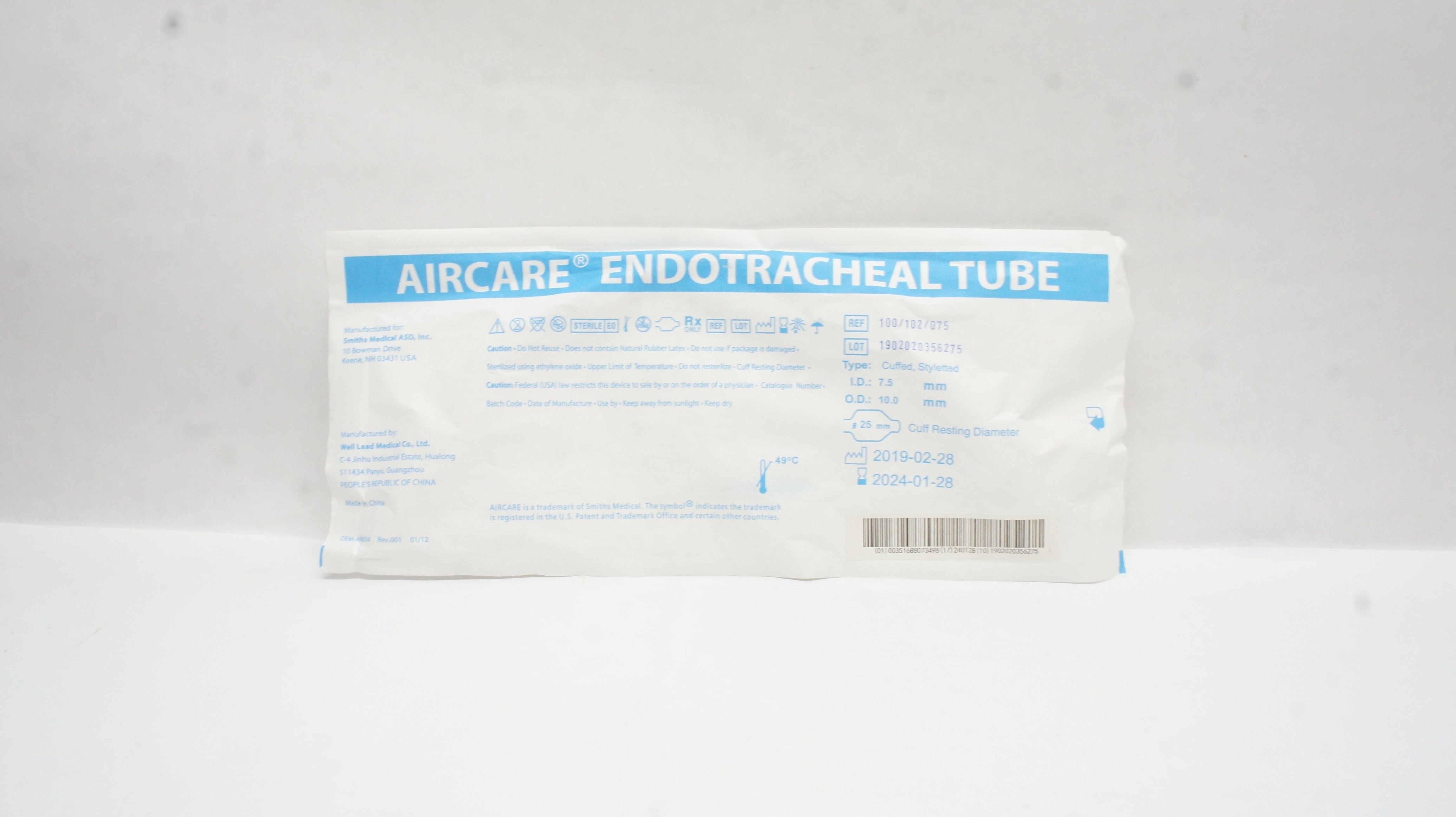 Smiths Medical 100/102/075 Aircare Endotracheal Tube 7.5mm x 10.0mm x 25mm (x)