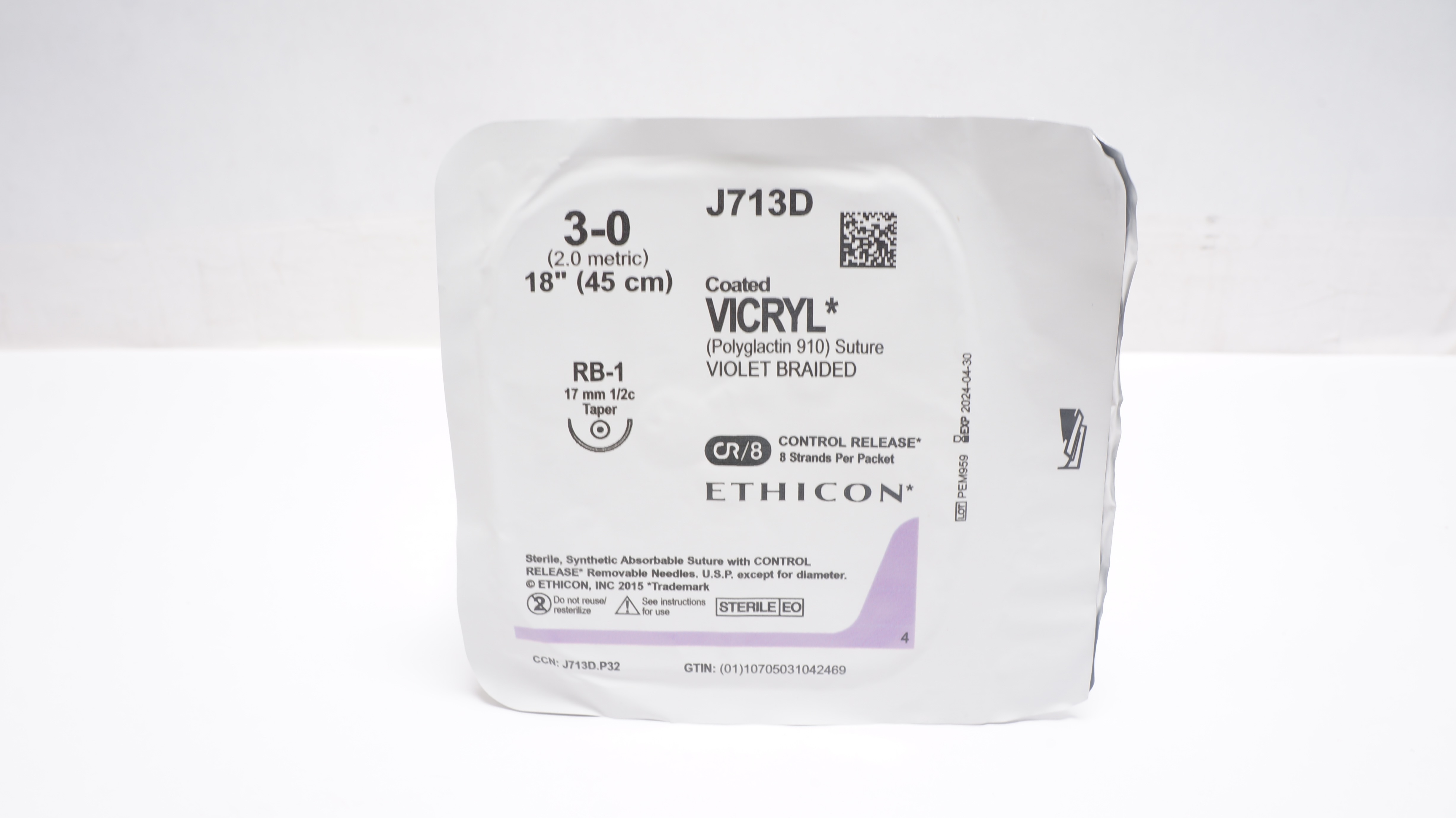 Ethicon J713D 3-0 Coated VICRYL Stre RB-1 17mm 1/2c Taper 18inch (x)