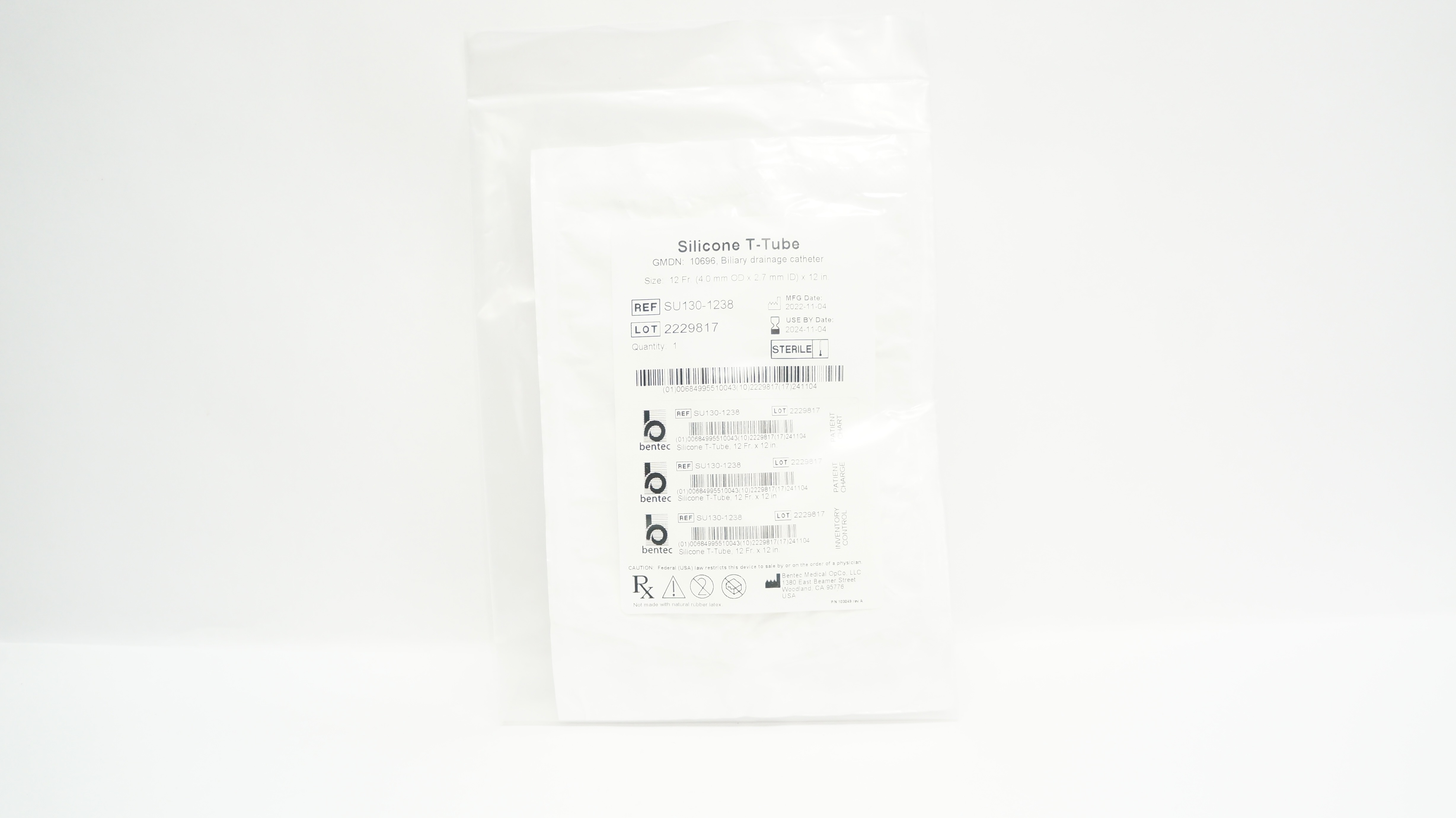 Bentec Medical SU130-1238 Silicone T-Tube Biliary Drainage Cath. 12Fr
