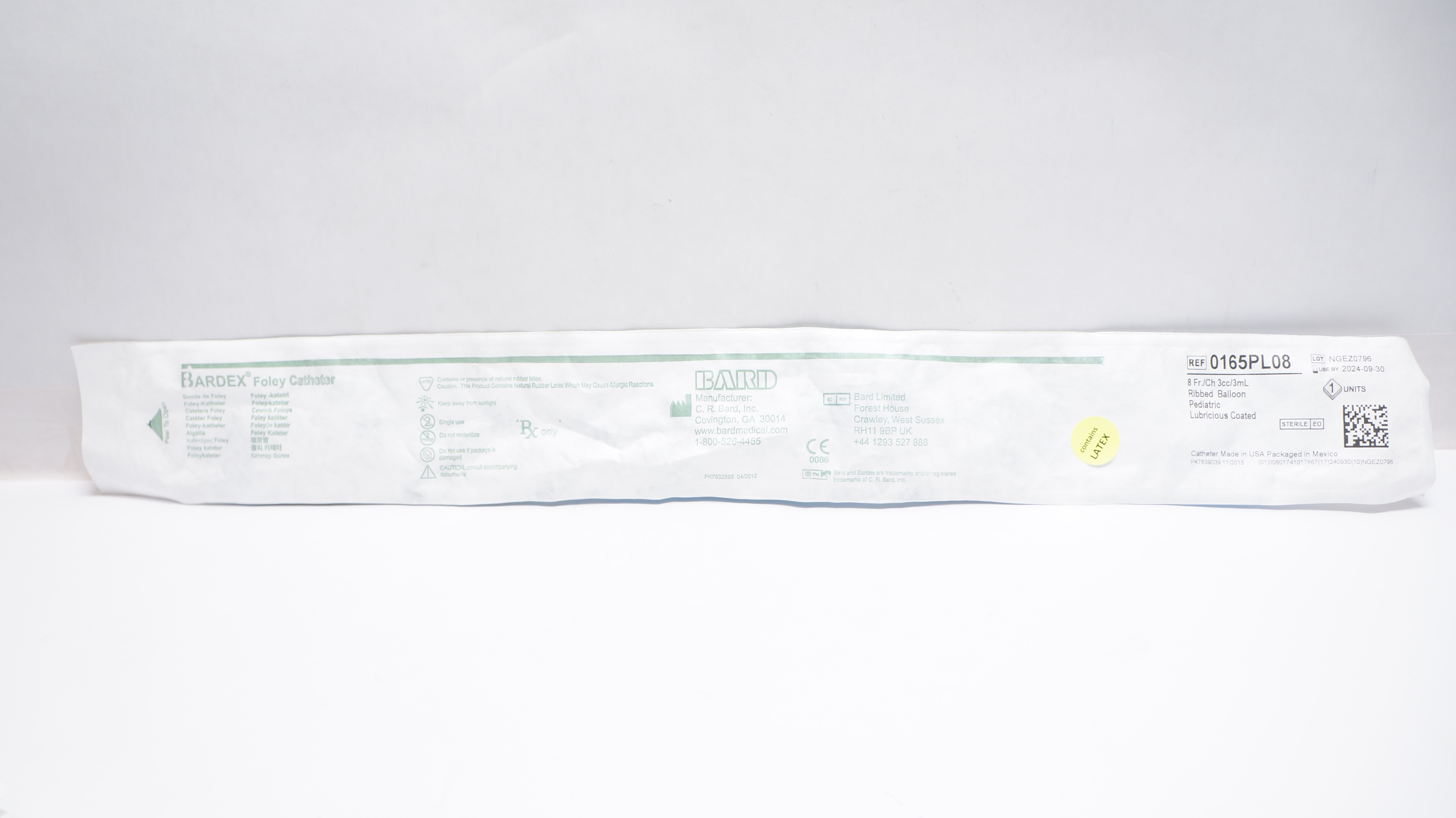 Bard 0165PL08 Bardex Foley Cath. 8Fr/Ch 3cc/mL Ribbed Balloon Pediatric