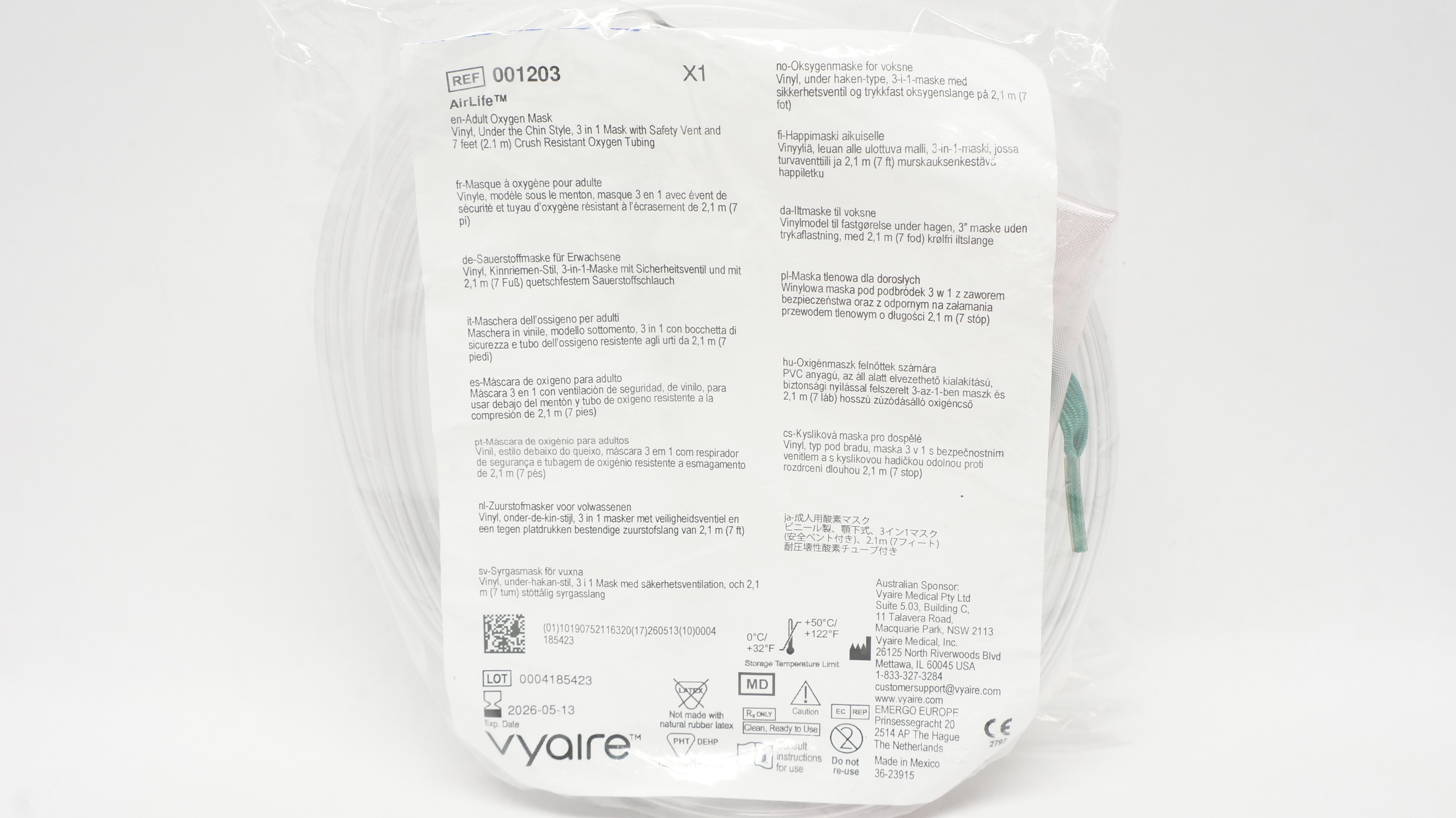 Vyaire 001203 AirLife Adult Oxygen Mask Vinyl w/Resistant Oxygen Tubing 7ft.