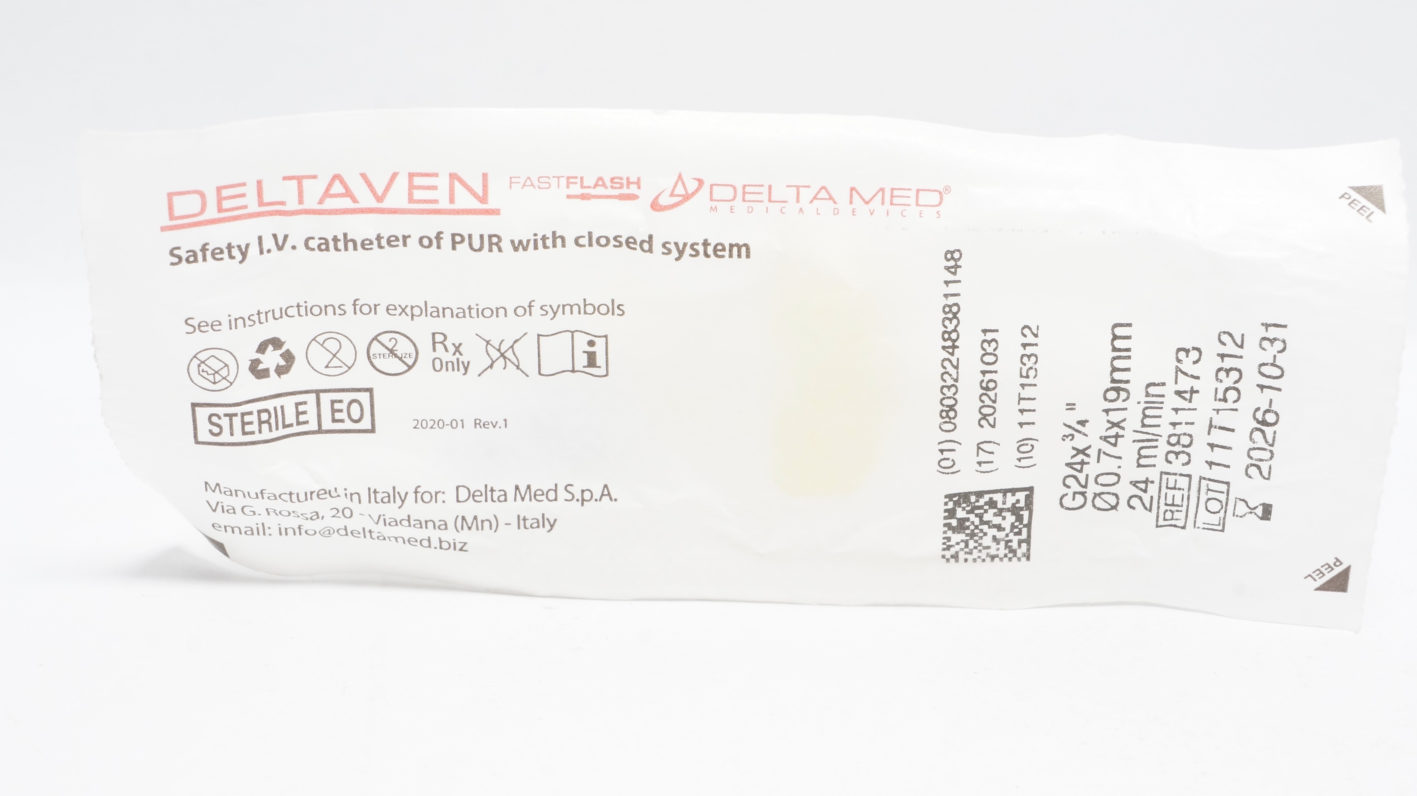Delta Med 3811473 FastFlash Safety I.V. Cath. of PUR W/Closed System 24G x 3/4In