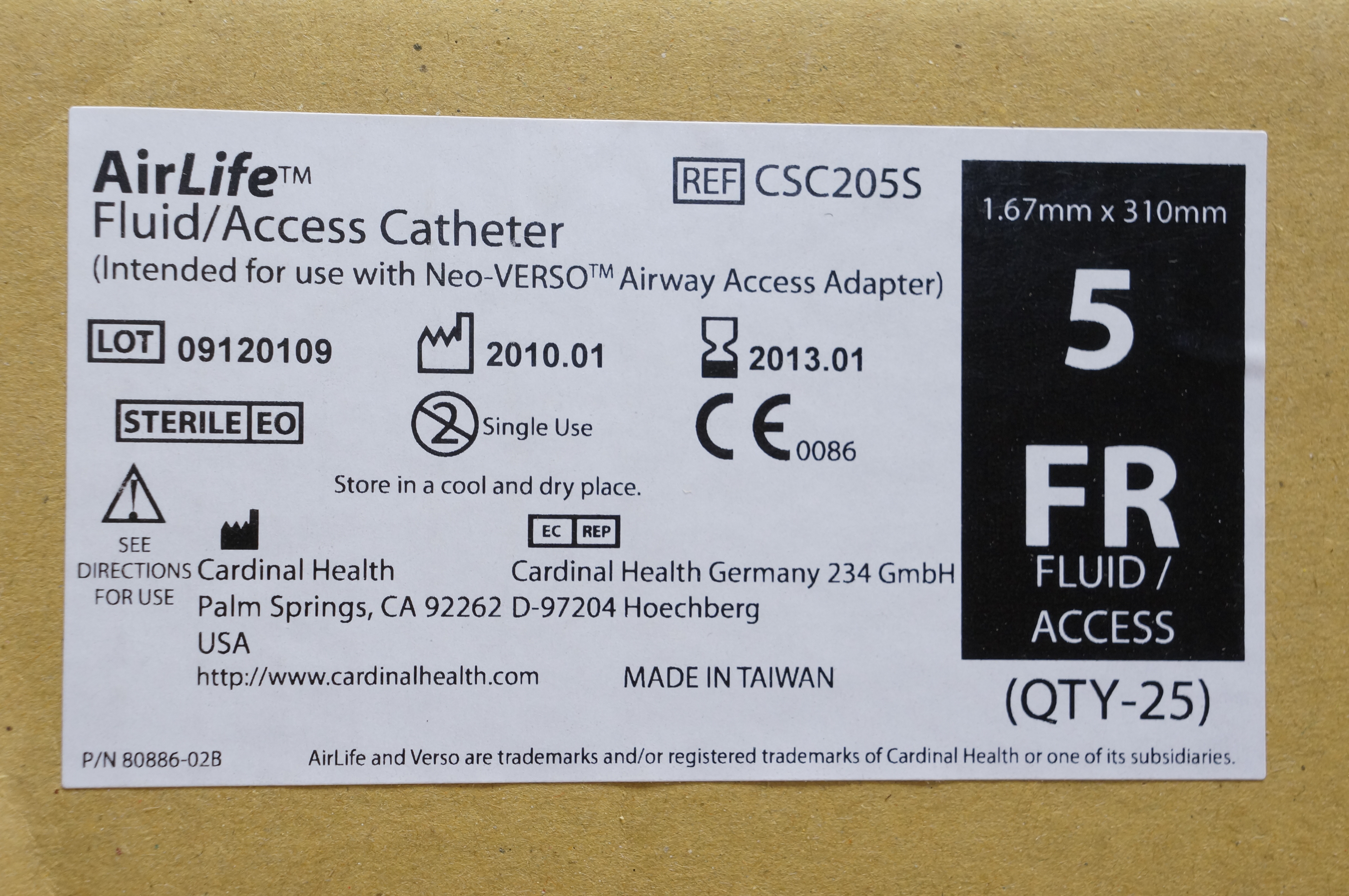 Cardinal Health CSC205S Airlife Fluid/Access Cath. 5Fr. (x) - Box of 25