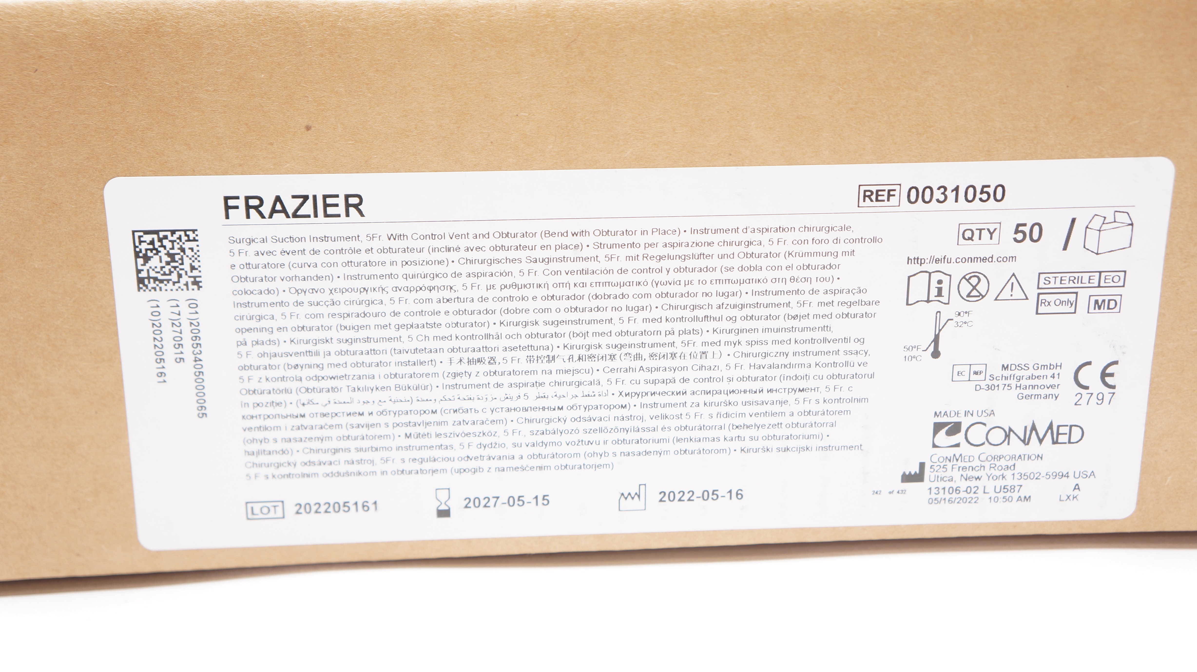 ConMed 0031050 FRAZIER Surgical Suction Instrument, 5Fr. - Case of 50