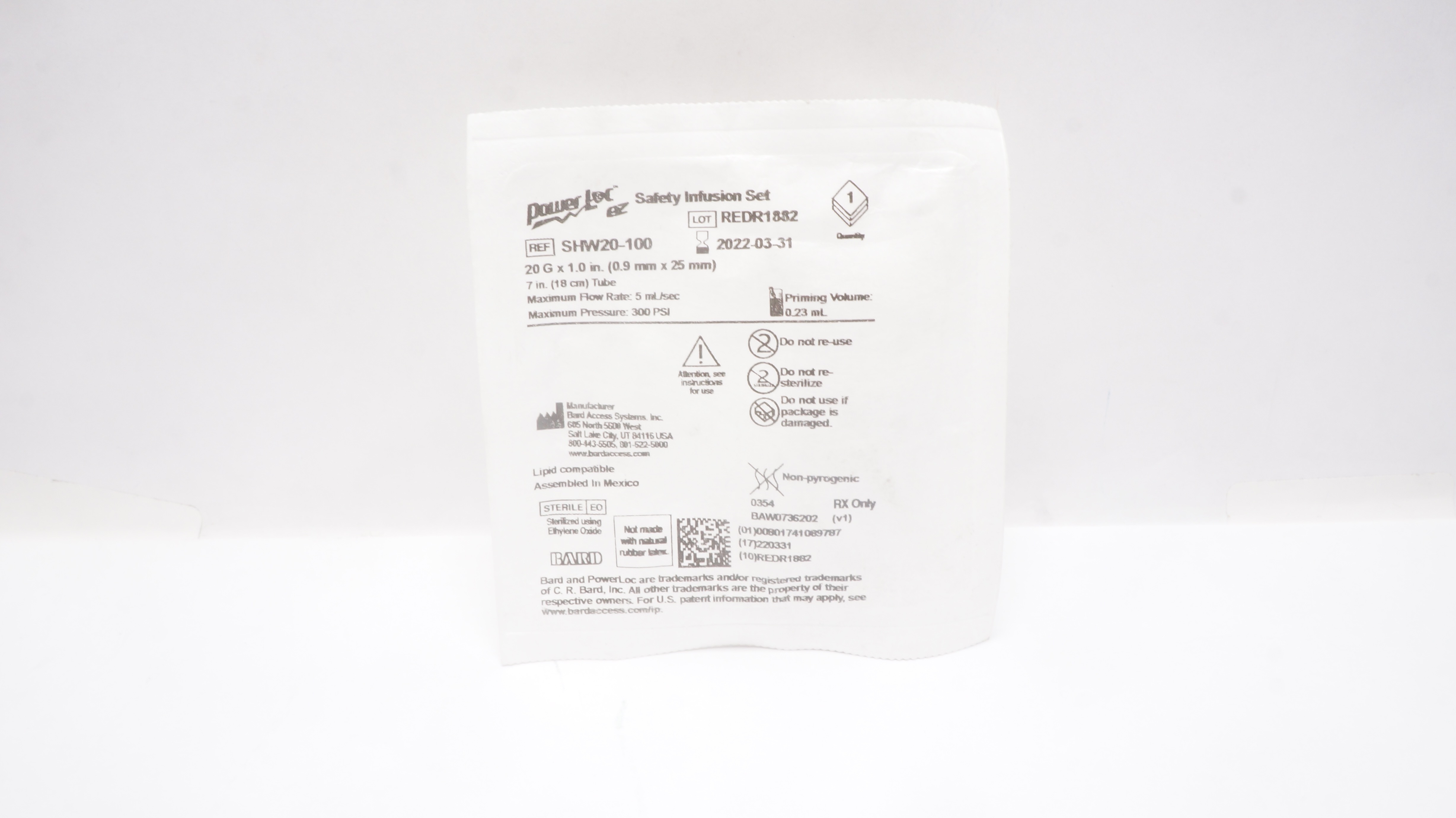 Bard SHW20-100 Power loc Safety Infusion Set 20G x 1.0 inch Prim.Vol. 0.23mL(x)