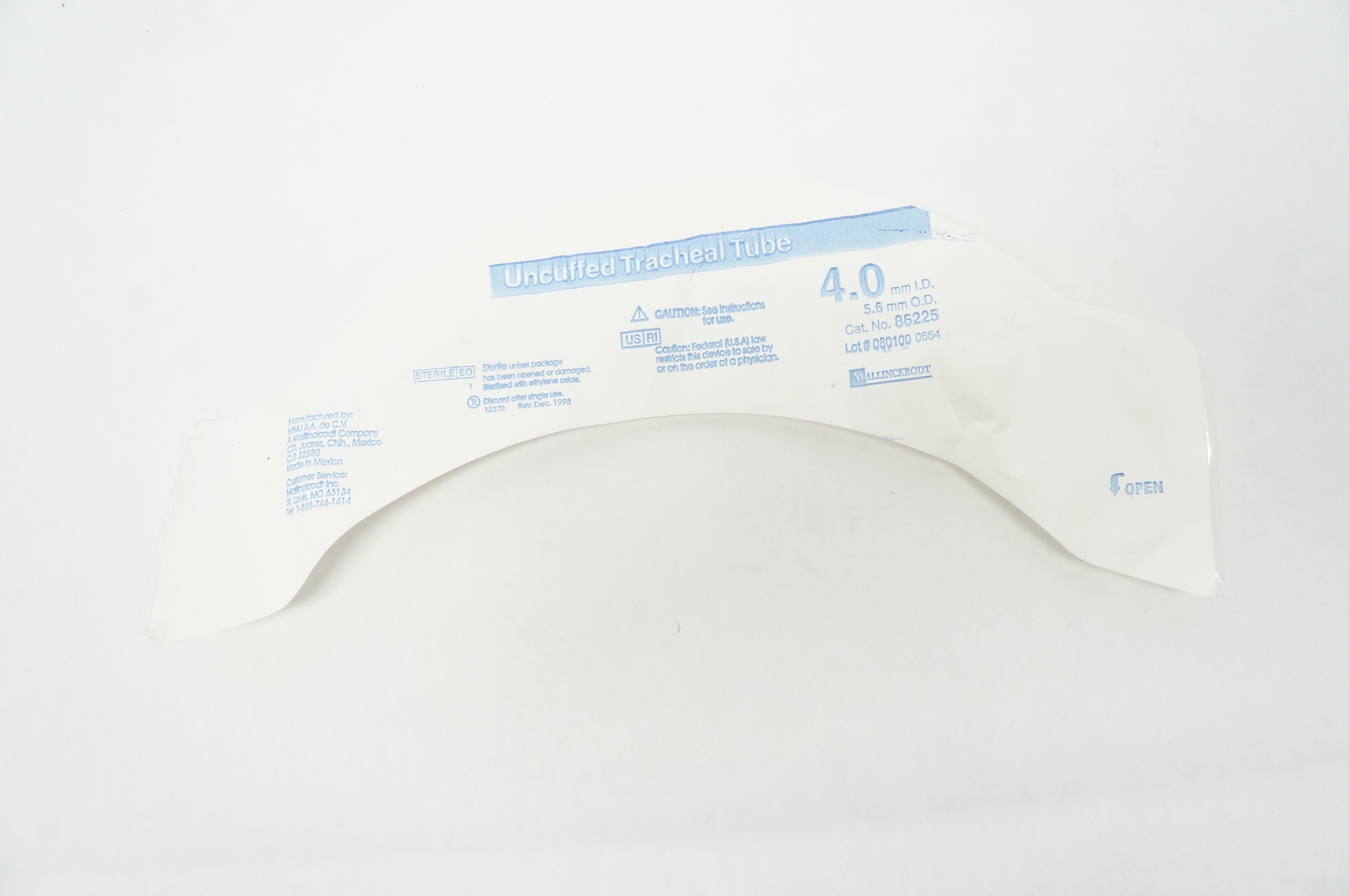 Mallinckrodt 86225 Uncuffed Tracheal Tube 4.0mm I.D. x 5.6mm O.D.