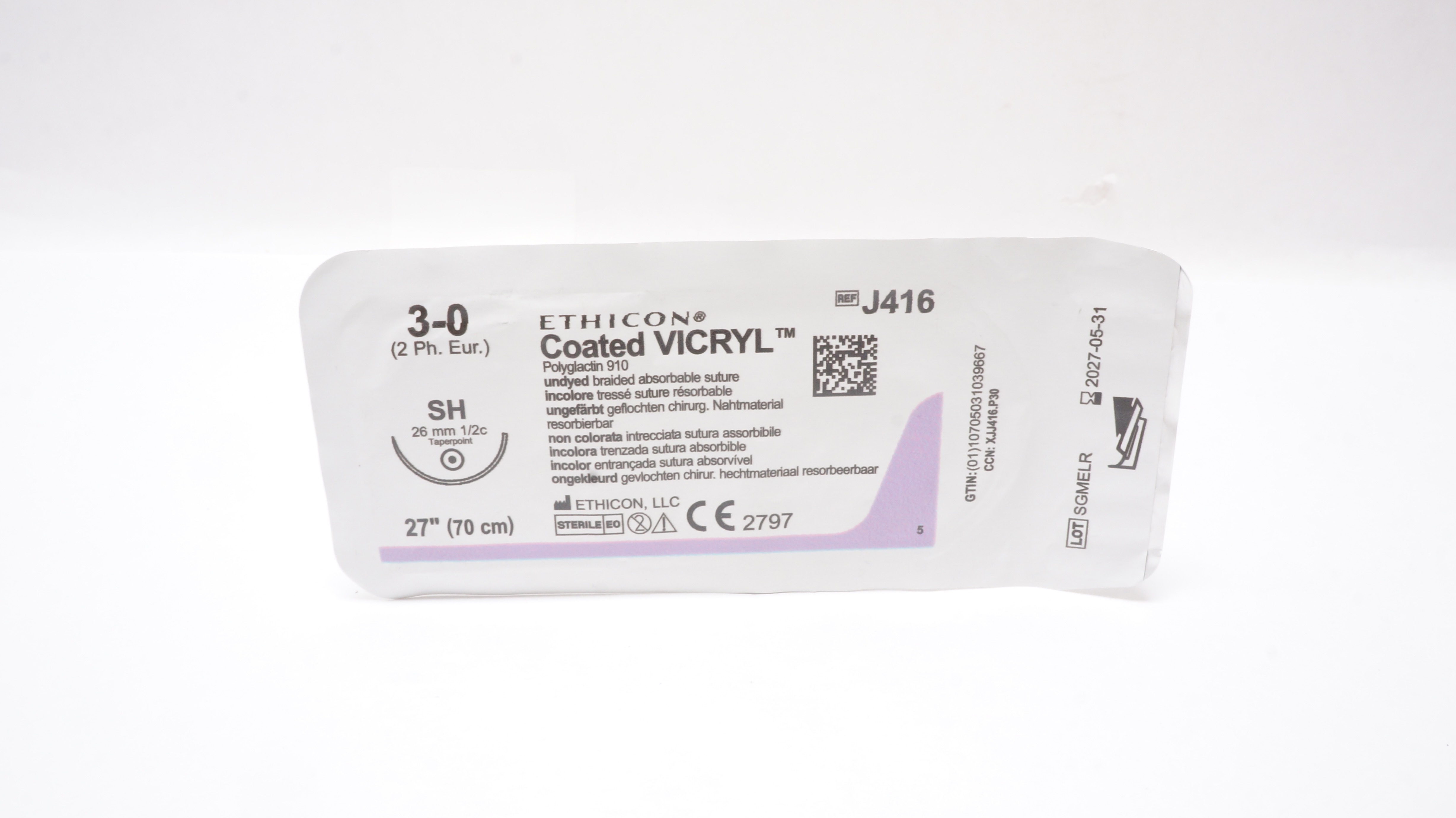 Ethicon J416 3-0 Coated VICRYL Polyglactin Stre, SH 26mm 1/2c Taperpoint, 27inch