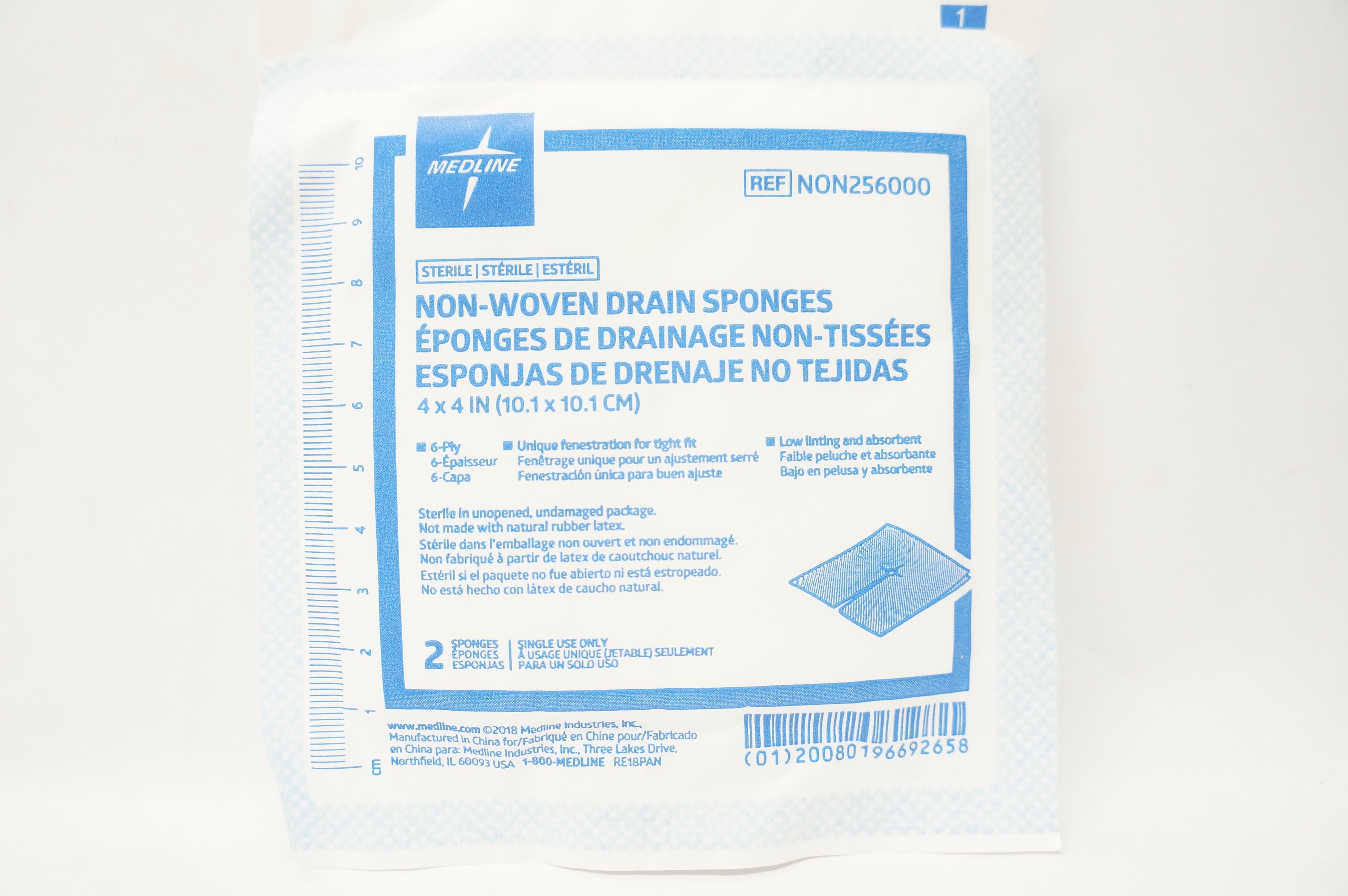 Medline NON256000 Non-Woven Drain Sponges 6-Ply 4inch x 4inch - Pack of 2