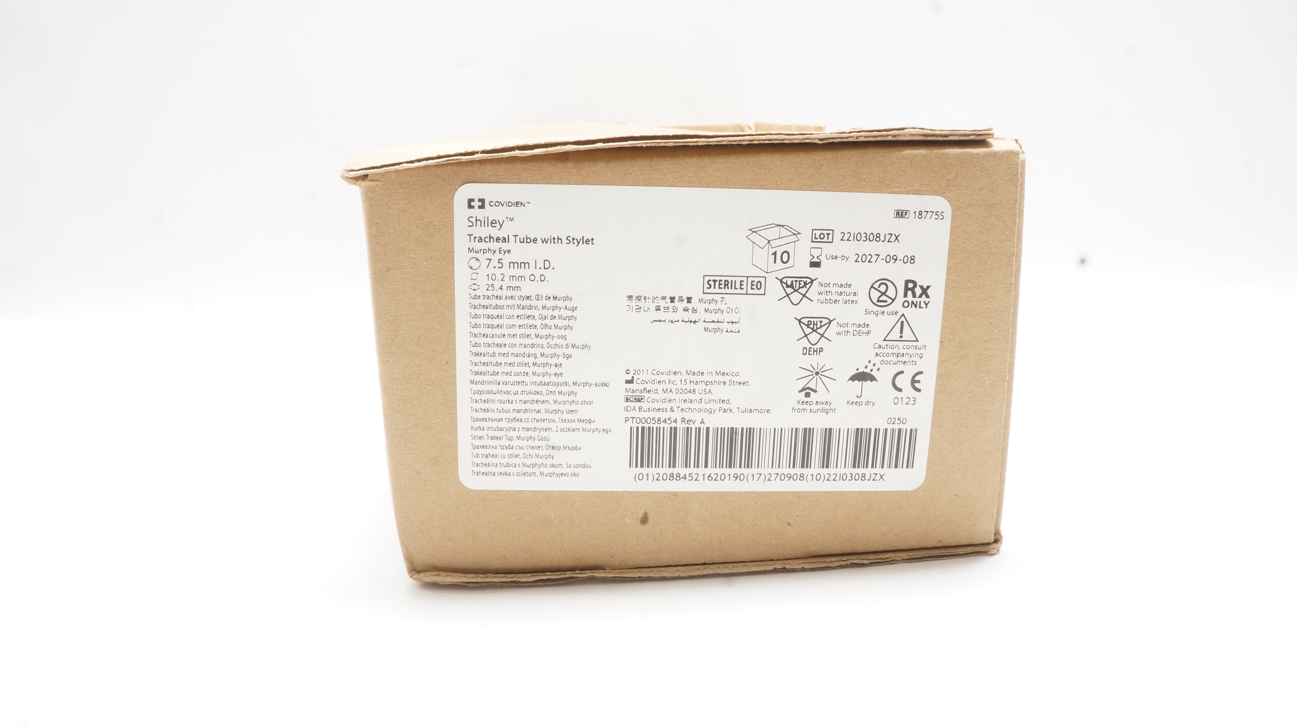 Covidien 18775S Shiley Tracheal Tube W/Stylet 7.5ID x 10.2OD x 25.4mm- Box of 7