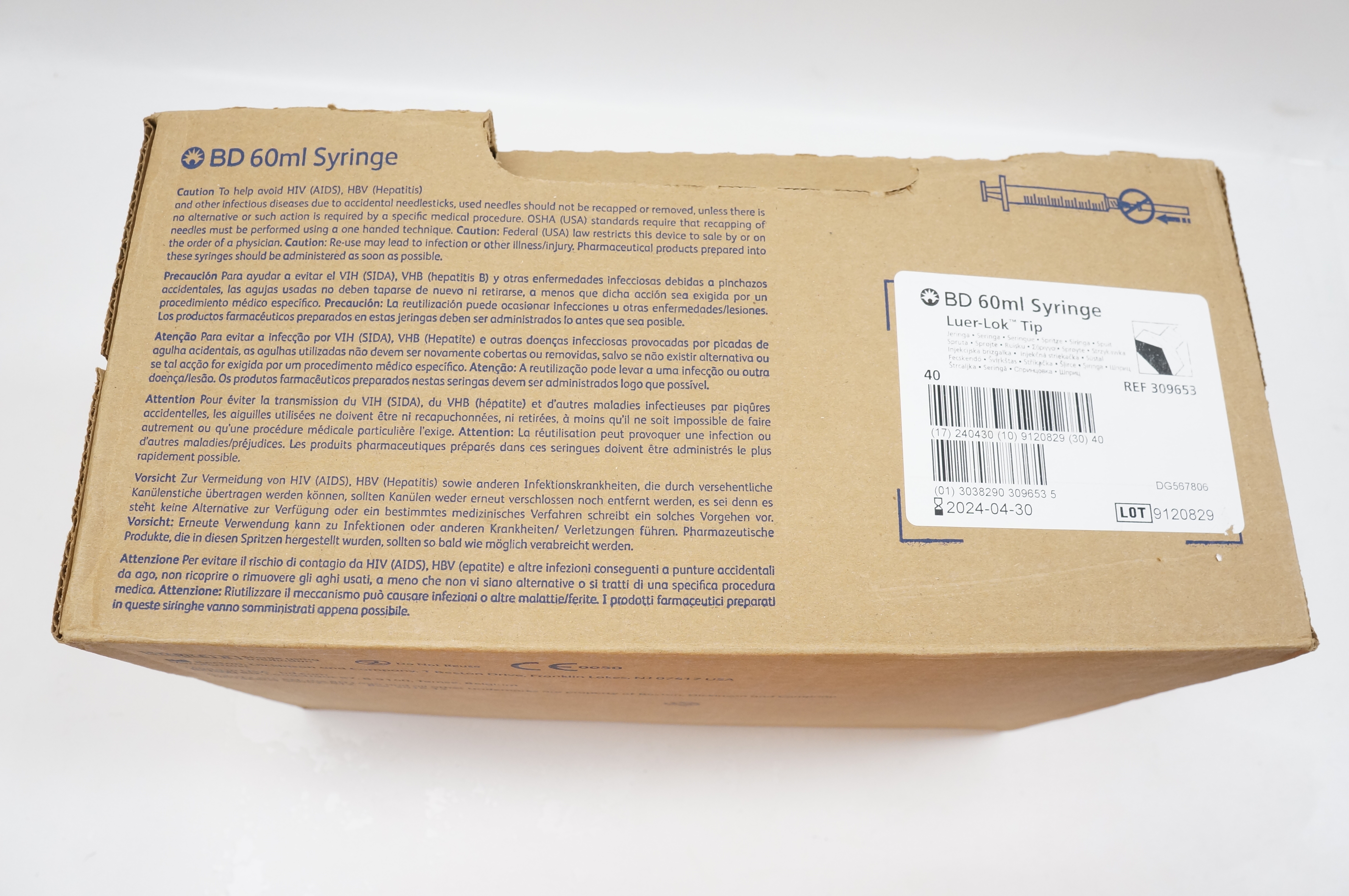 BD 309653 Luer-Lok Tip Syringe 60ml - Box of 40