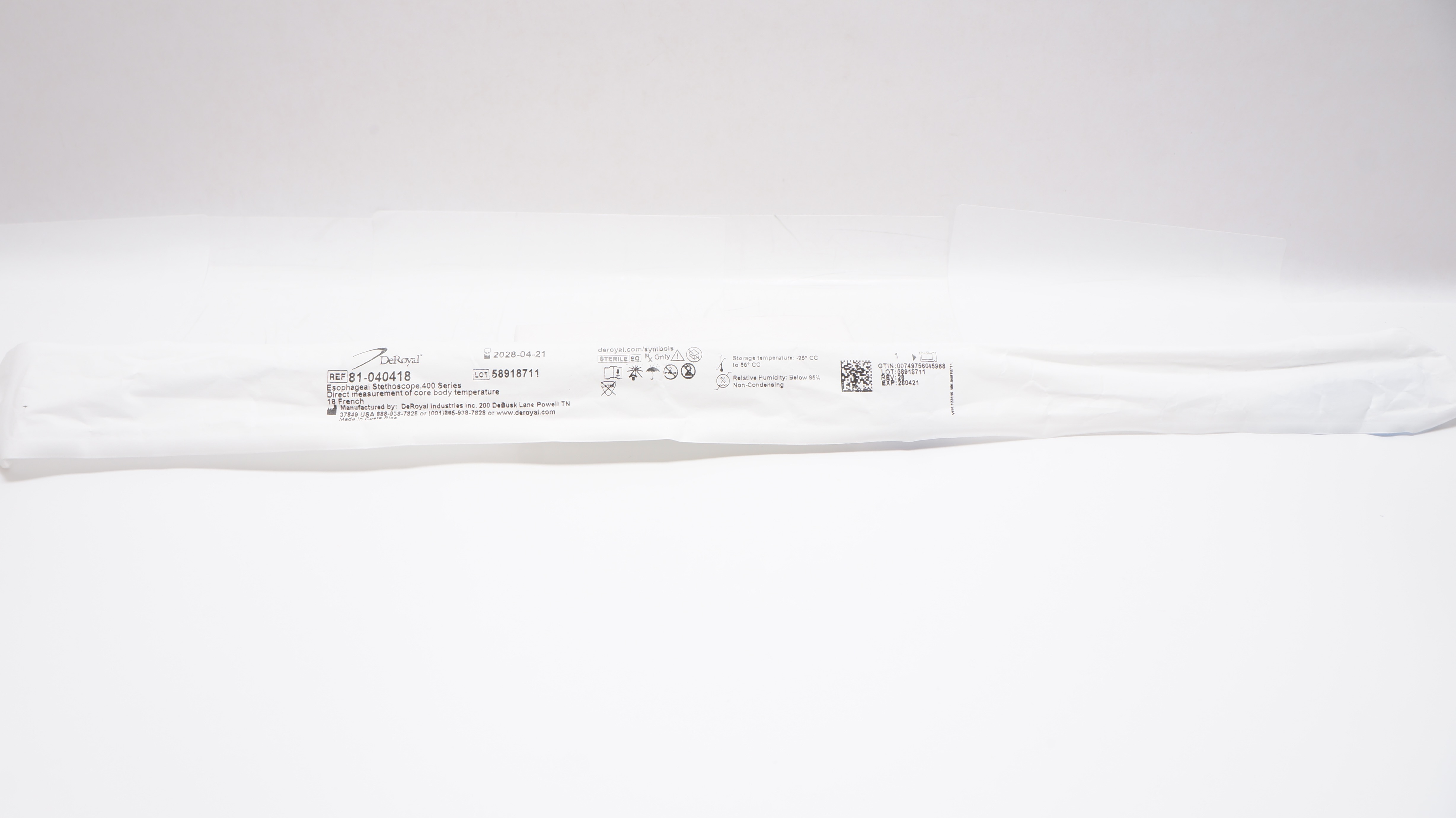 DeRoyal 81-040418 Esophageal Stethoscope w/Temperature Sensor 18Fr., 400 Series